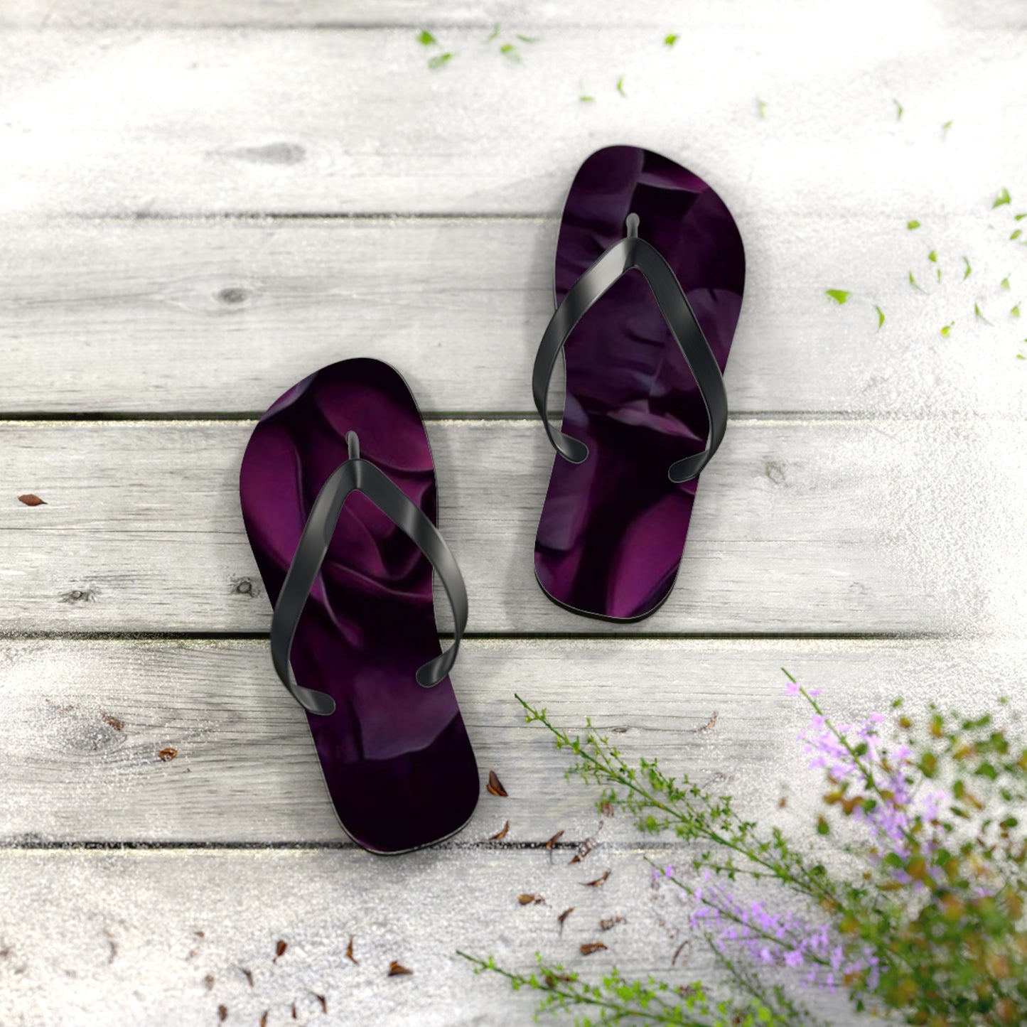 Dark Purple Floral Design Flip Flops