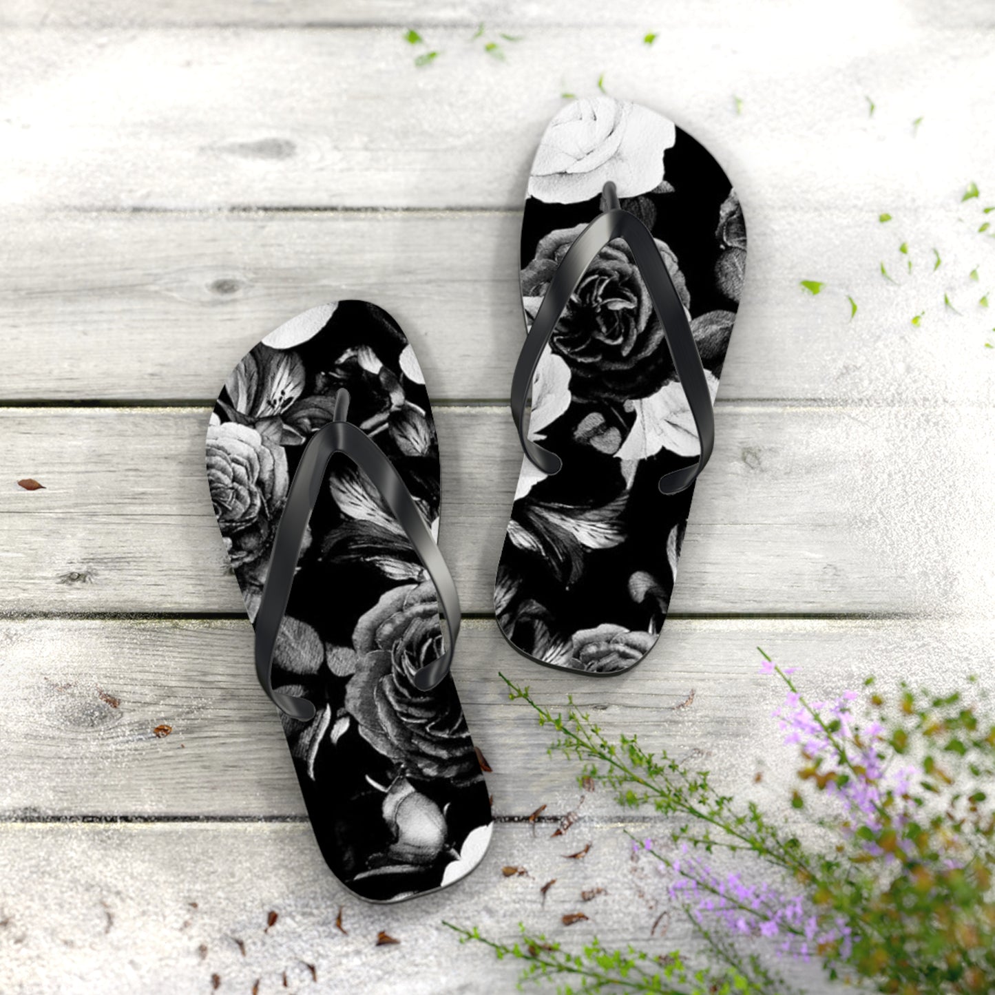 Black and White Floral Design Flip Flops