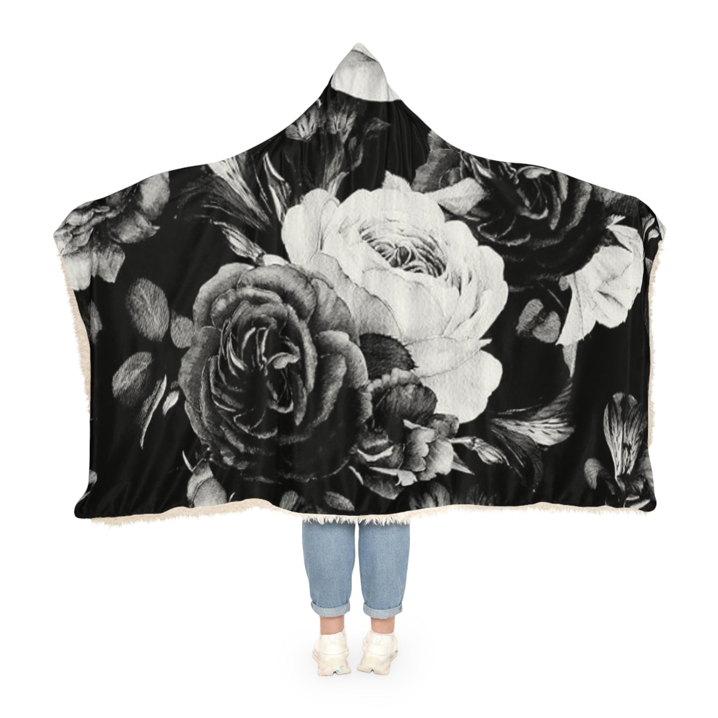 Black & White Floral Hooded Blanket – Cozy & Stylish Wrap