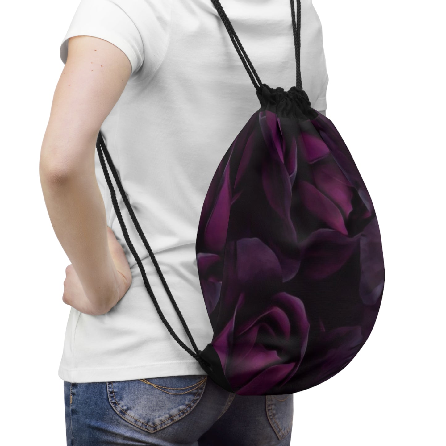 Dark Purple Floral Drawstring Bag