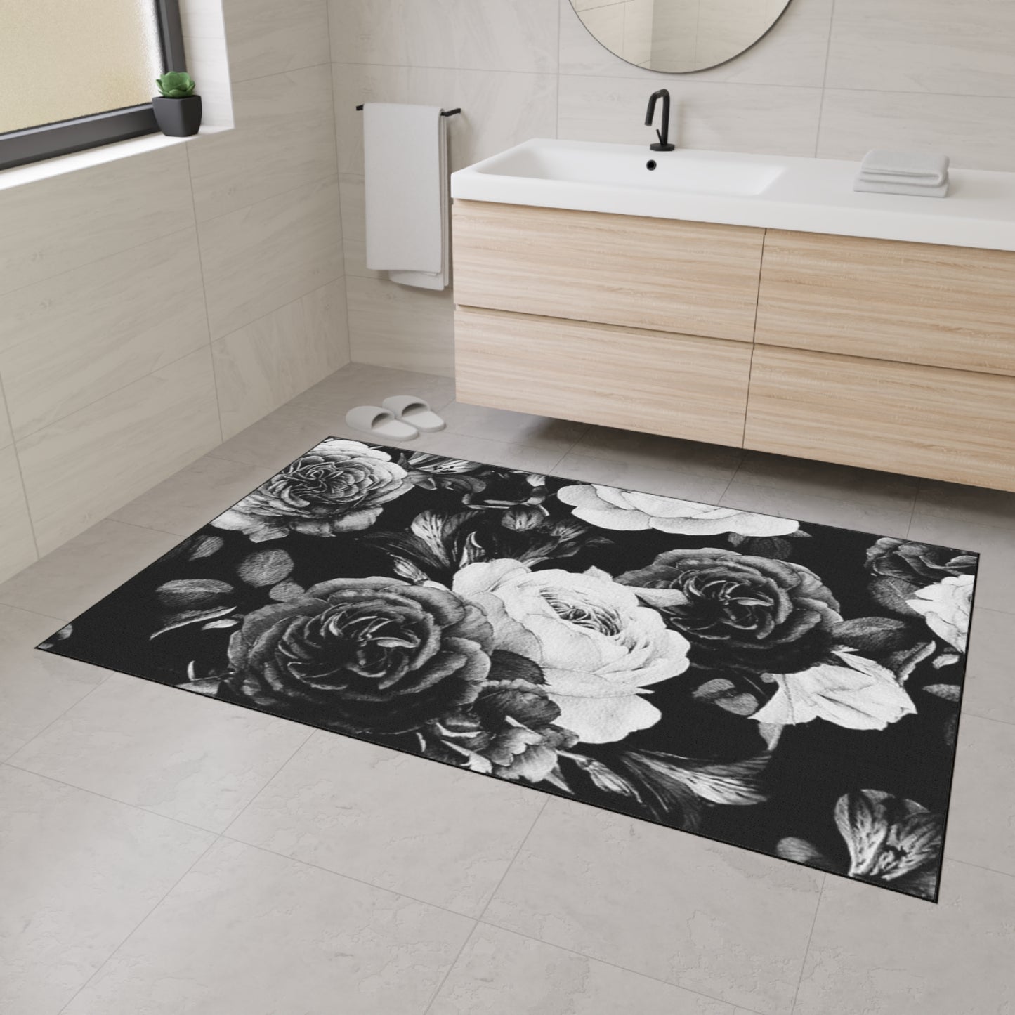 Heavy Duty Floral Floor Mat Black & White | Durable Rug for Home