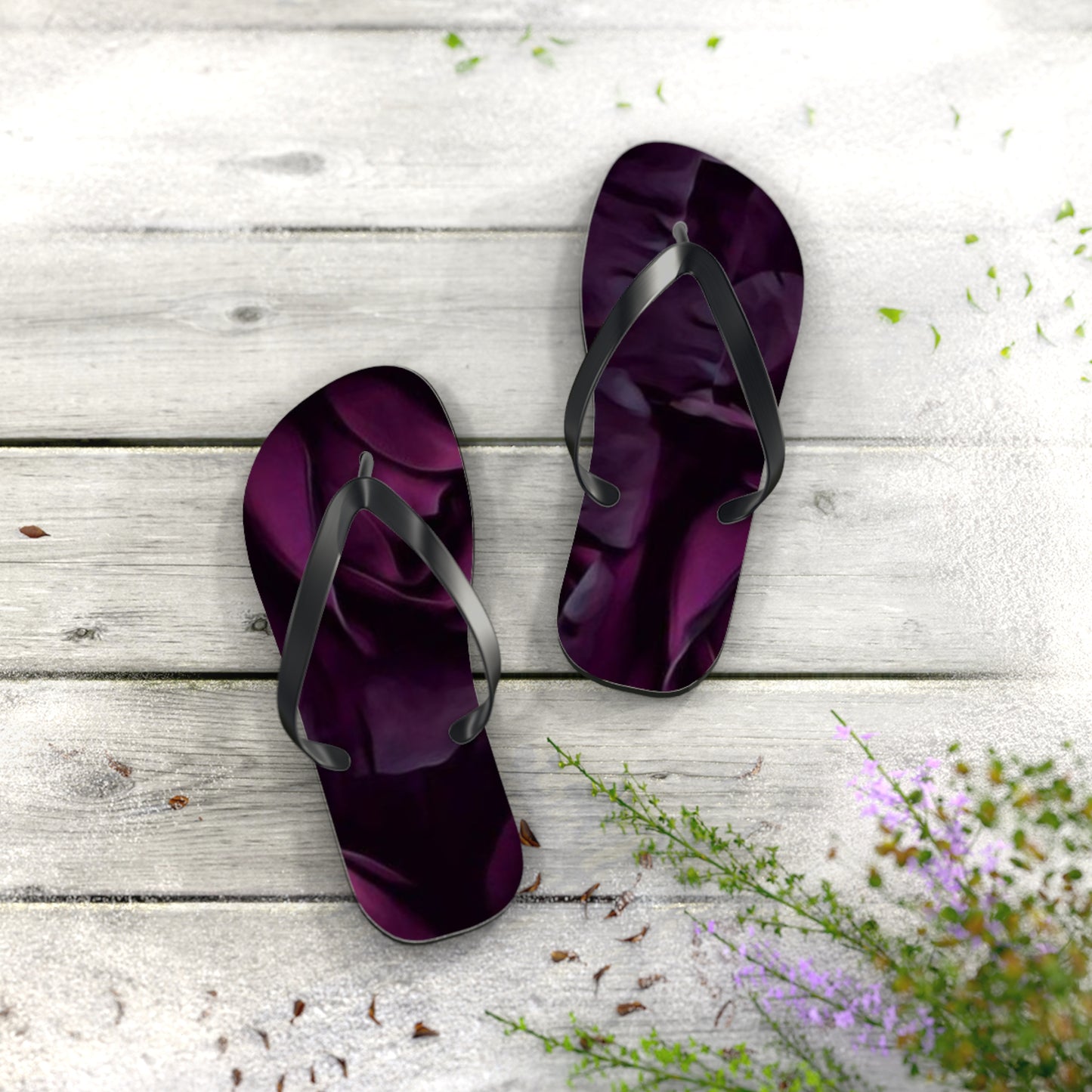 Dark Purple Floral Design Flip Flops