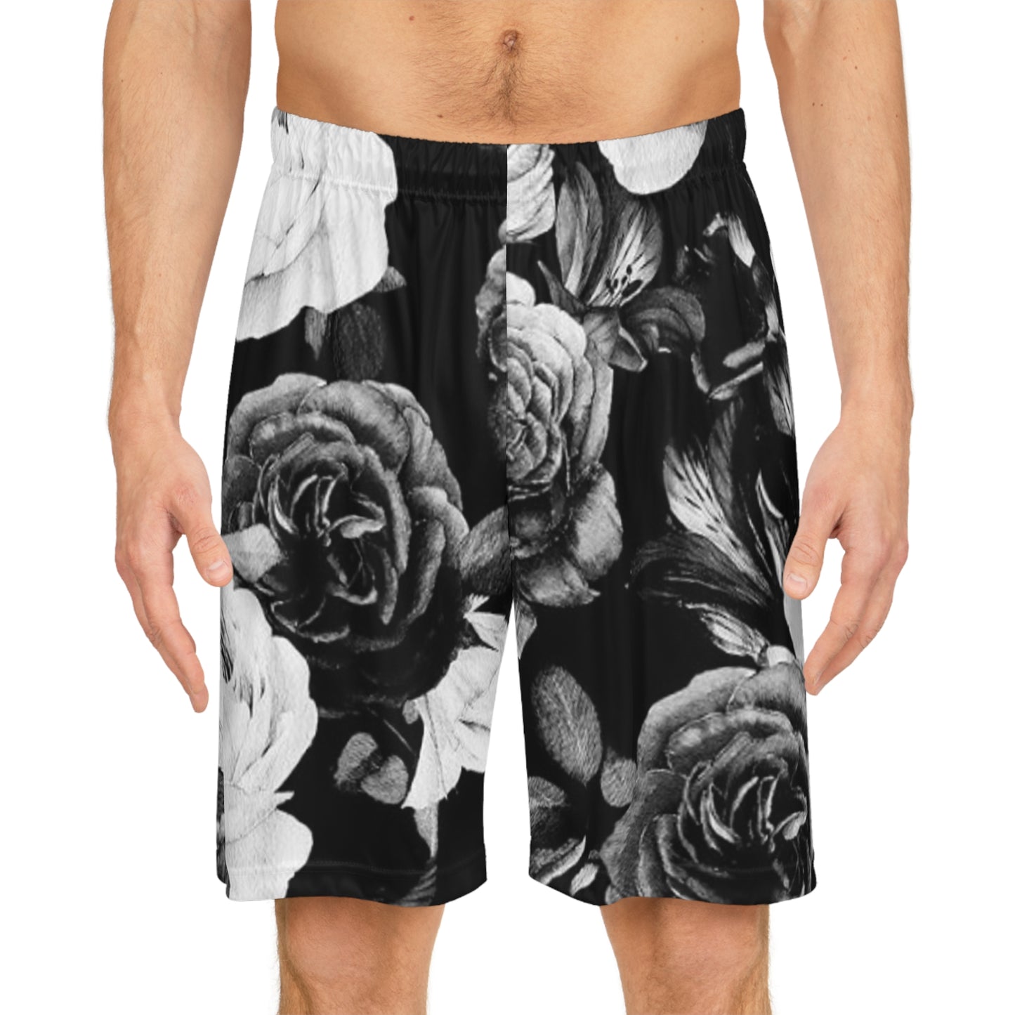 Black and White Floral Design Basketball Shorts