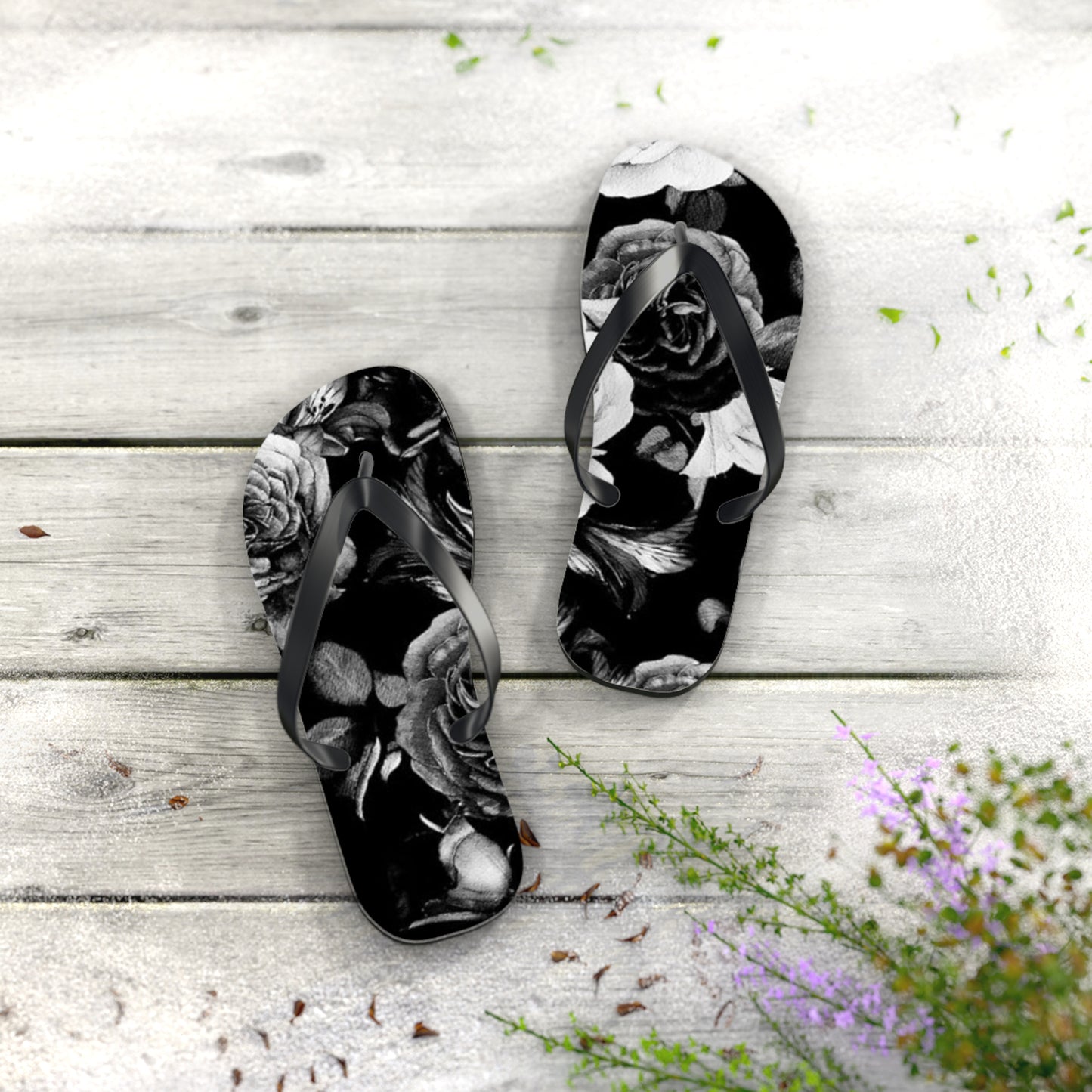 Black and White Floral Design Flip Flops