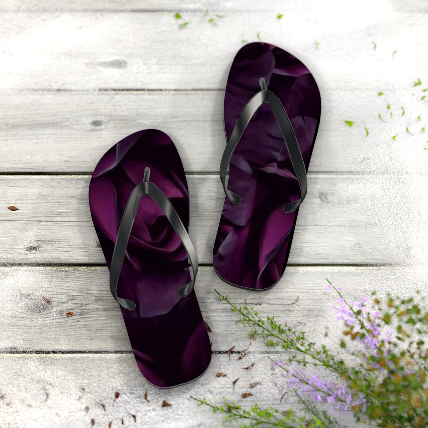 Dark Purple Floral Design Flip Flops