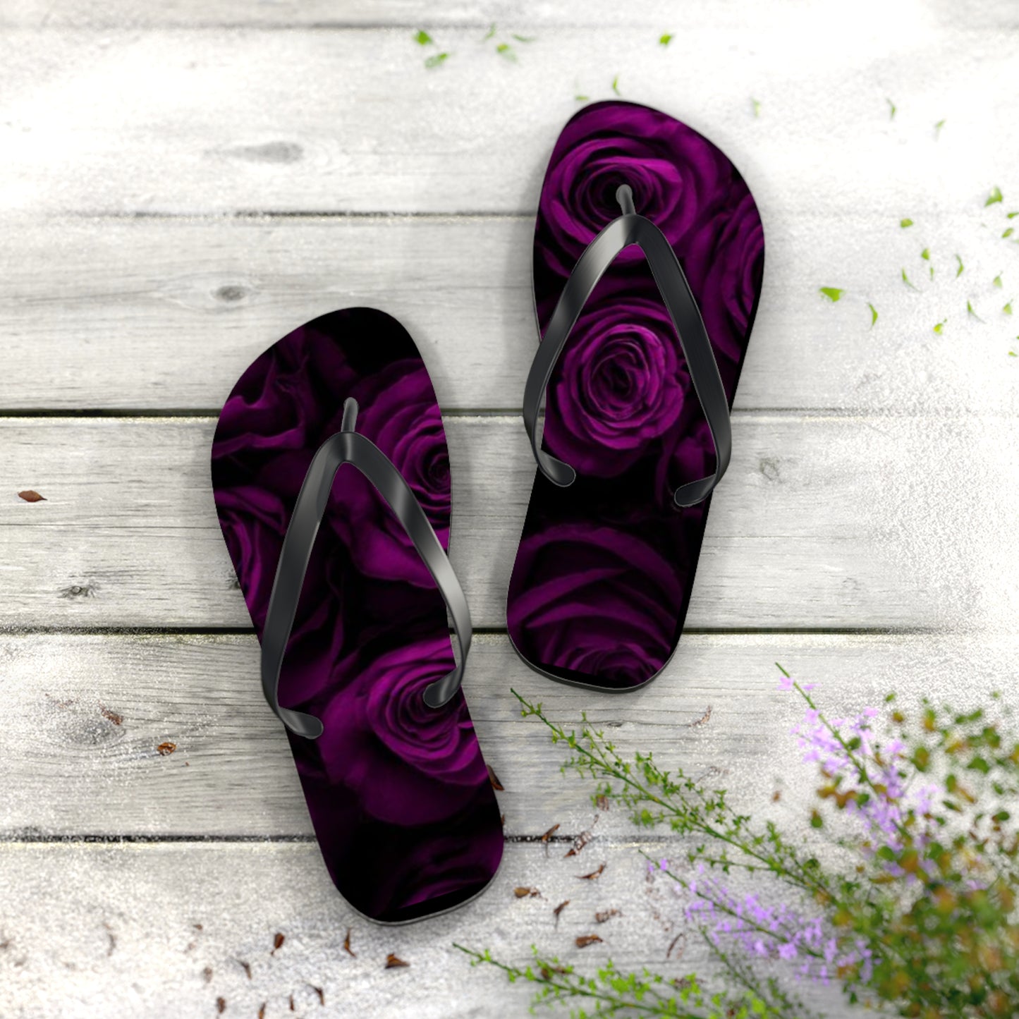 Dark Purple Roses Flip Flops