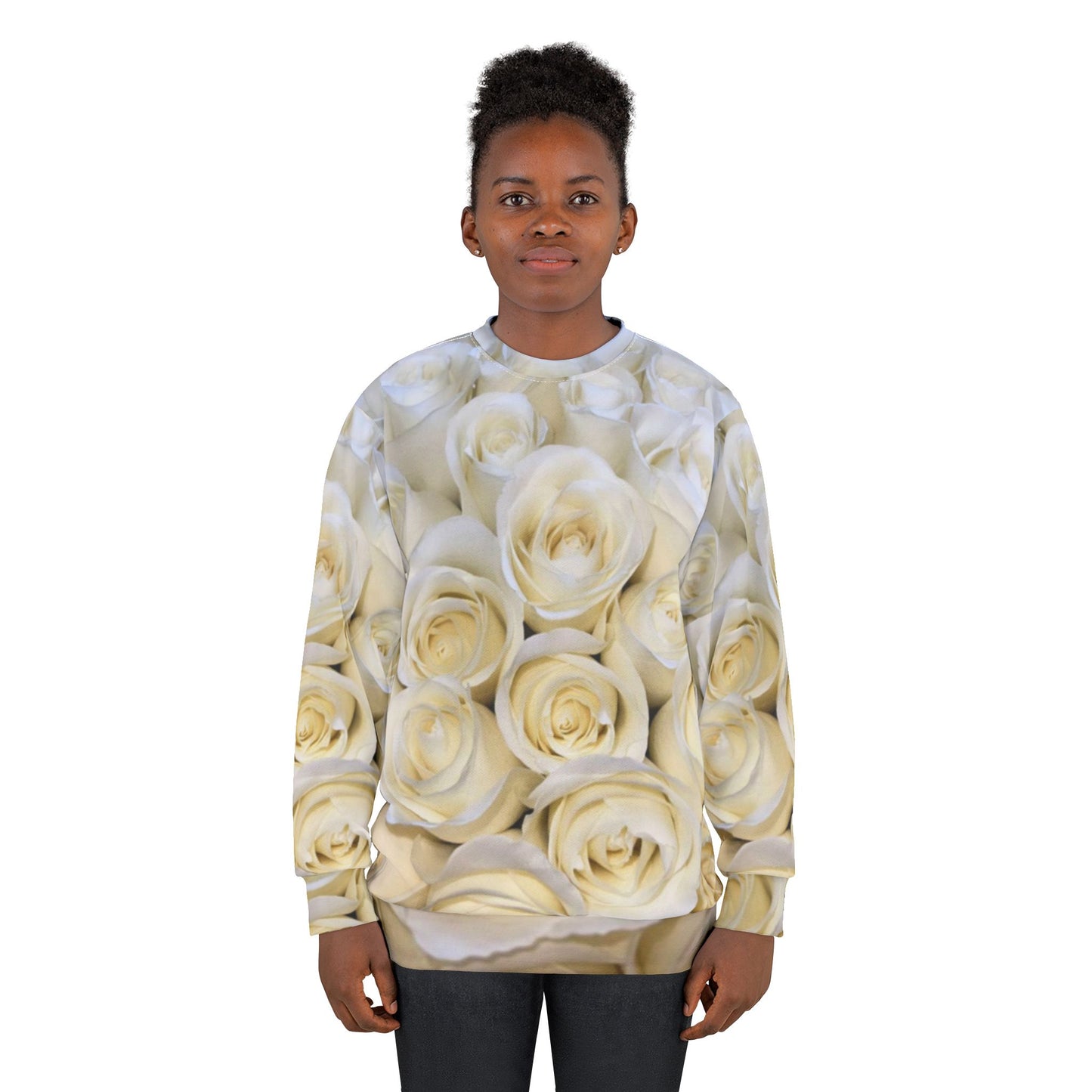 White Roses Sweatshirt – All-Over Floral Print | Custom Sewn Crewneck