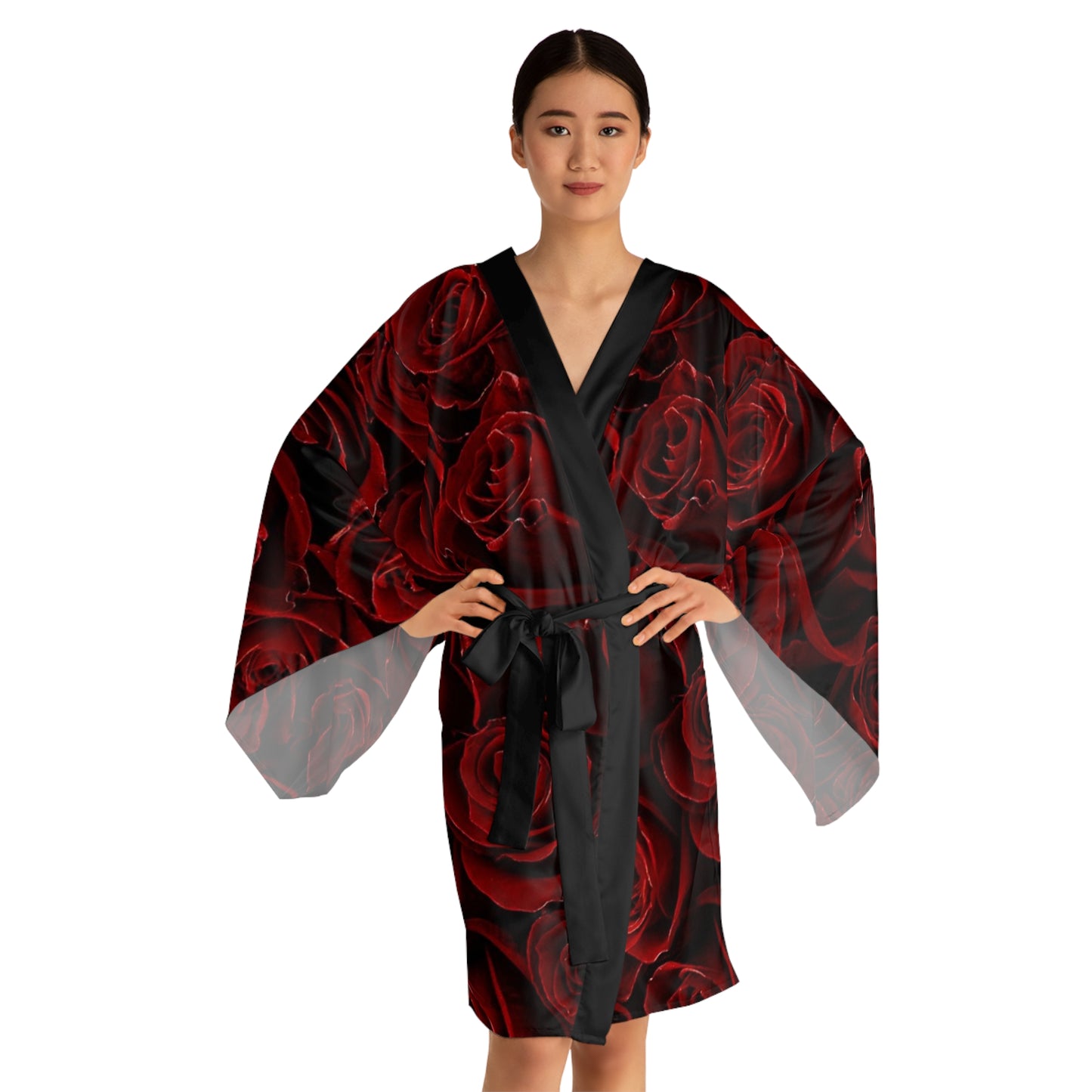 Red Roses Floral Japanese Style Kimono Robe