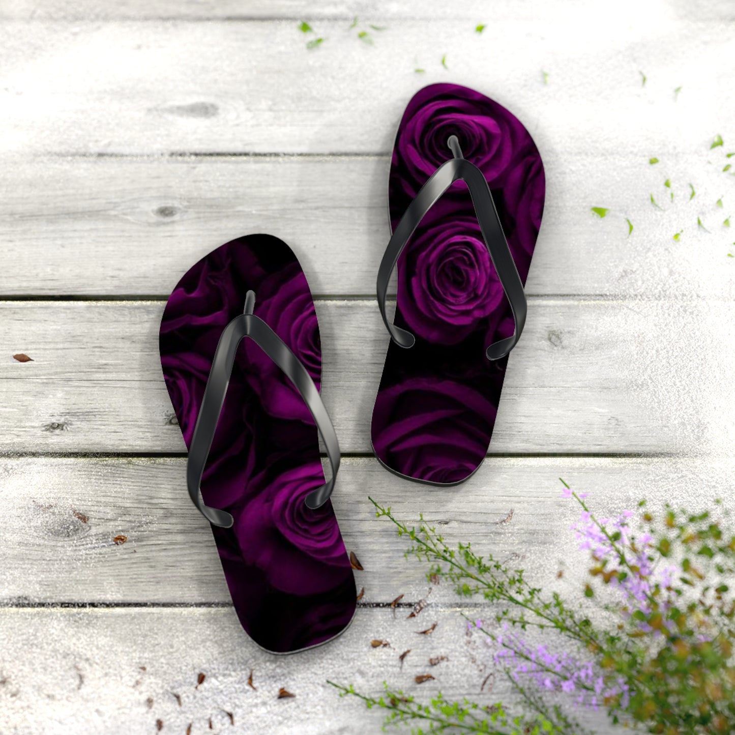 Dark Purple Roses Flip Flops