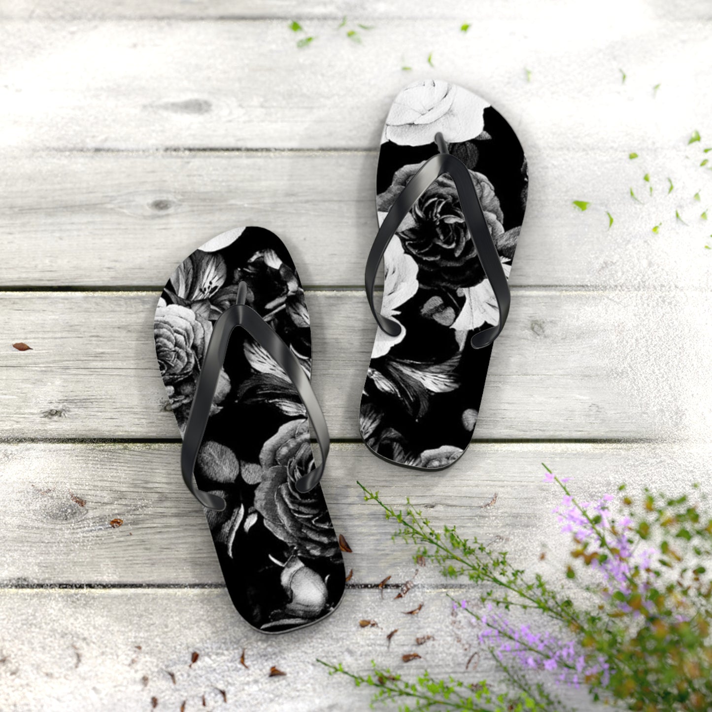 Black and White Floral Design Flip Flops