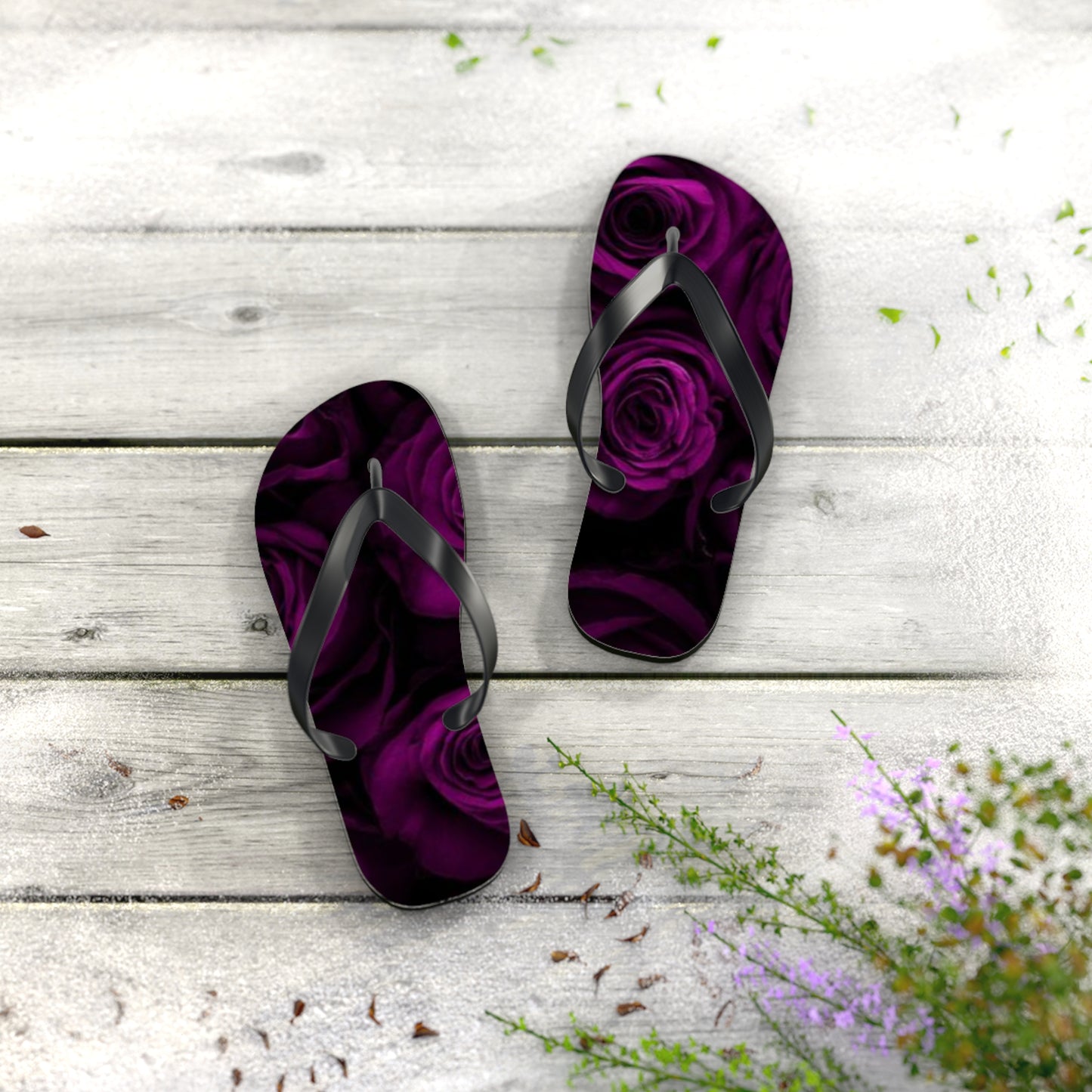 Dark Purple Roses Flip Flops