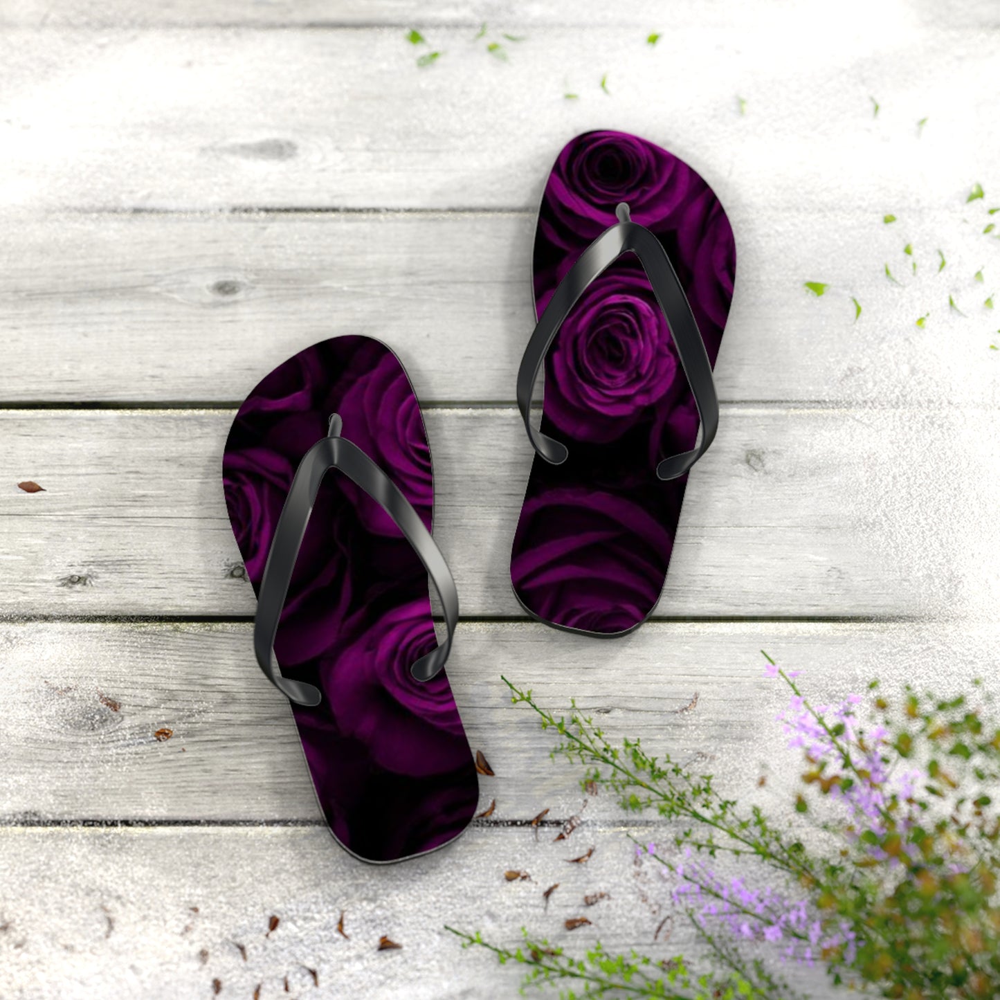Dark Purple Roses Flip Flops