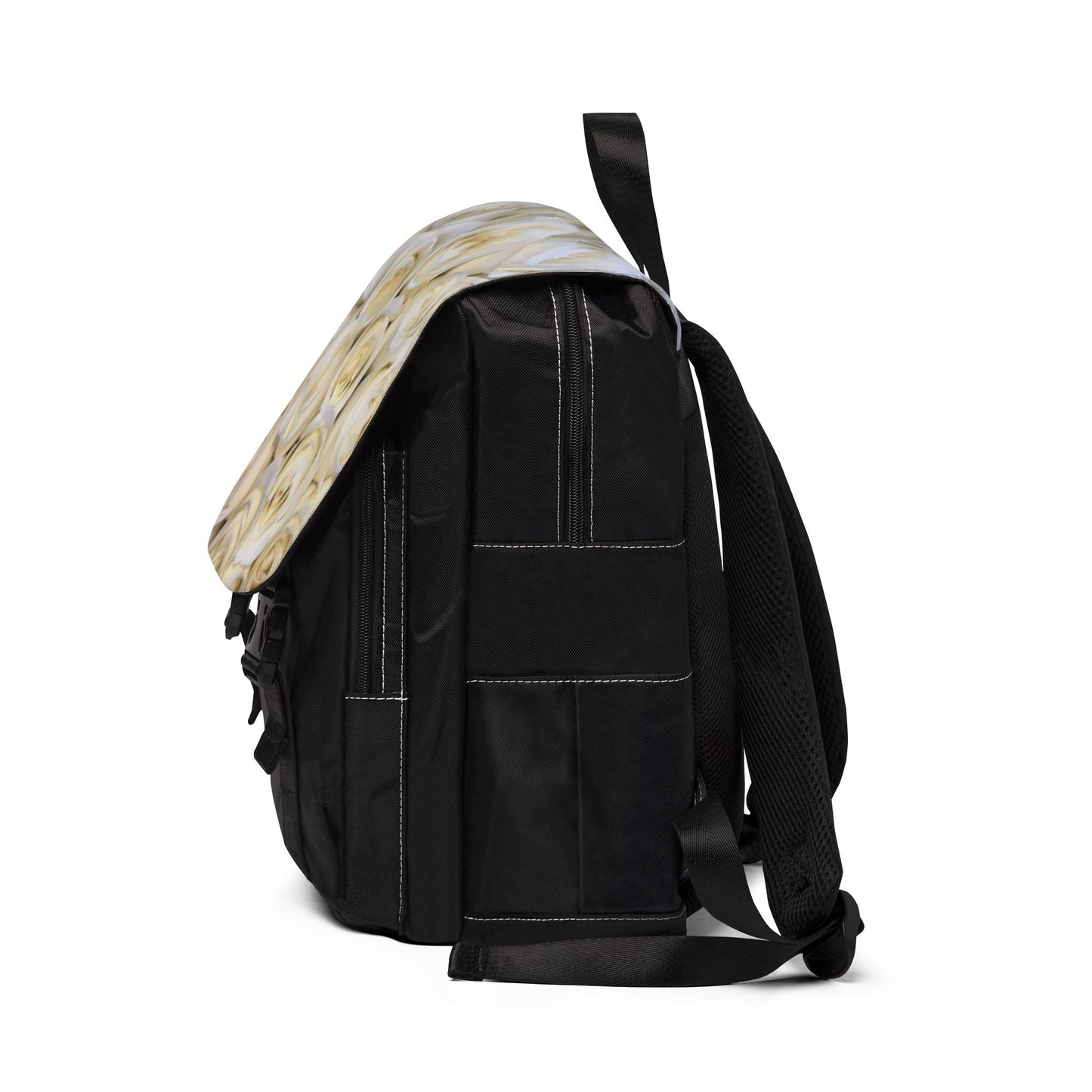White Roses Unisex Floral Flap Backpack – Stylish & Versatile