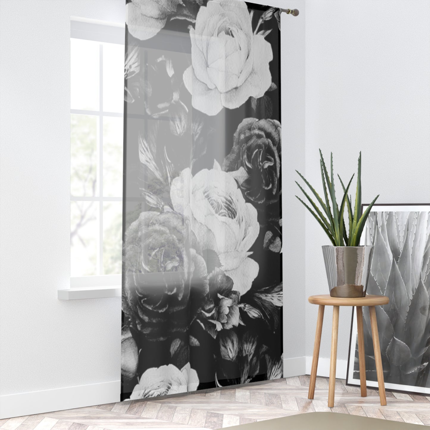 Black and White Floral Design Window Curtains