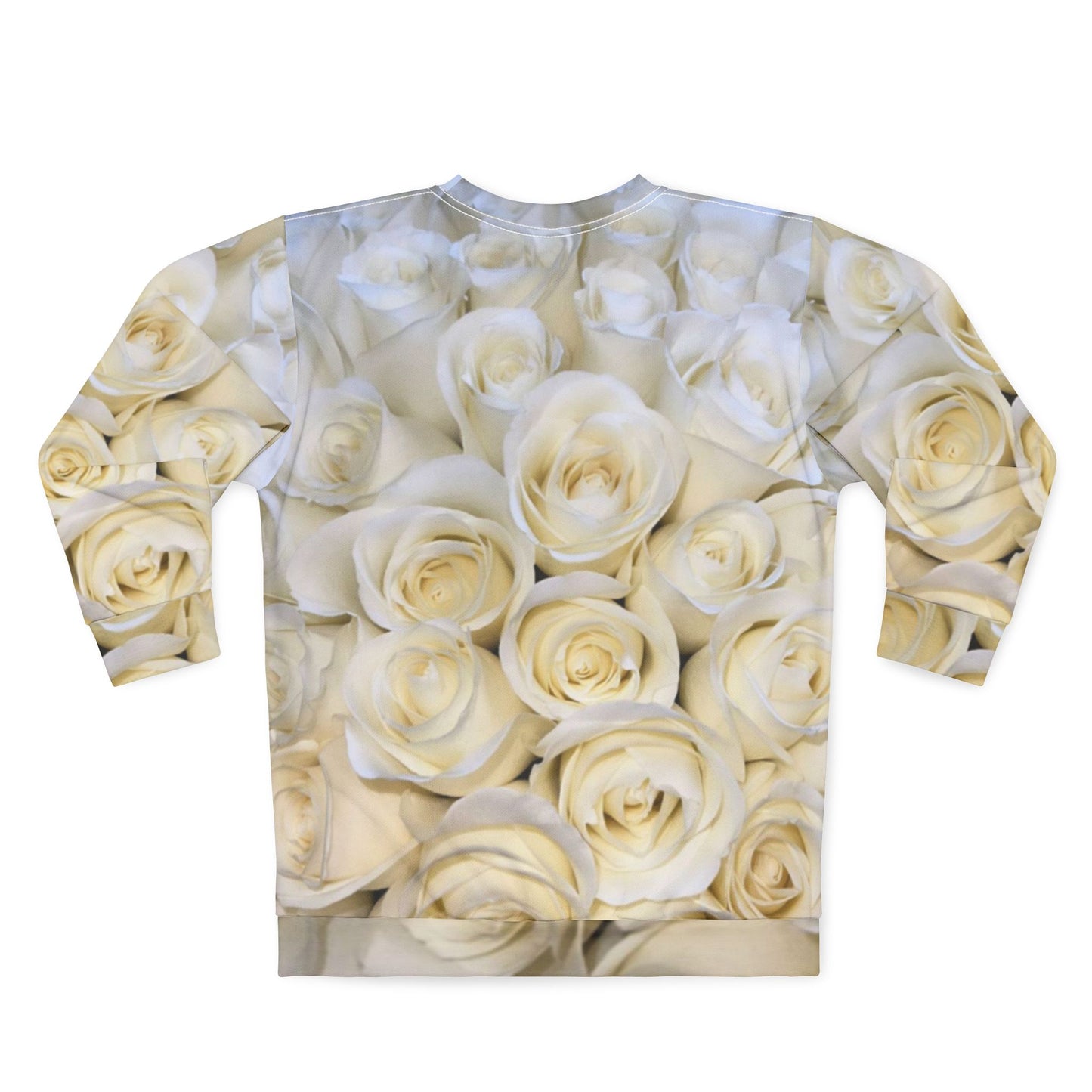 White Roses Sweatshirt – All-Over Floral Print | Custom Sewn Crewneck
