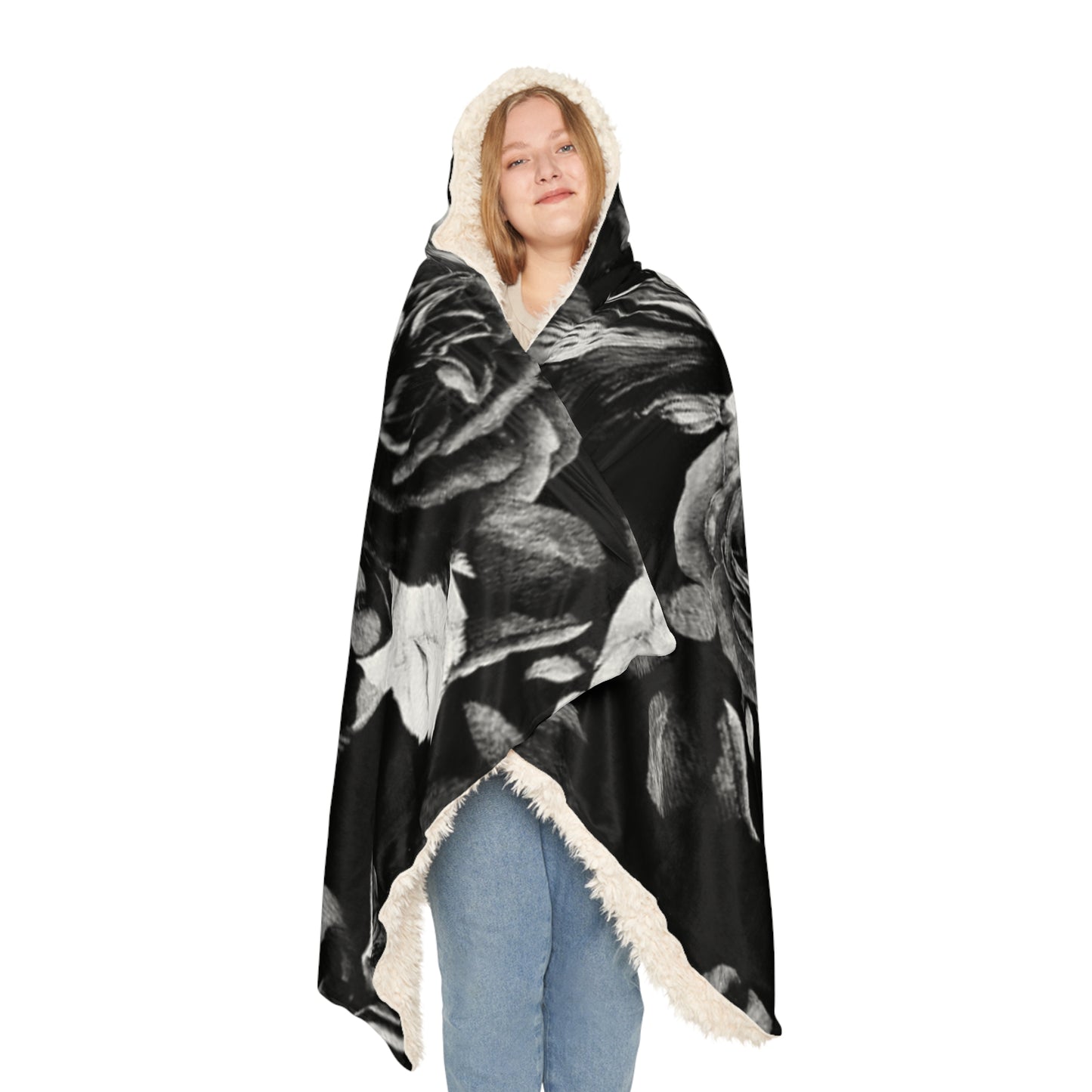 Black & White Floral Hooded Blanket – Cozy & Stylish Wrap