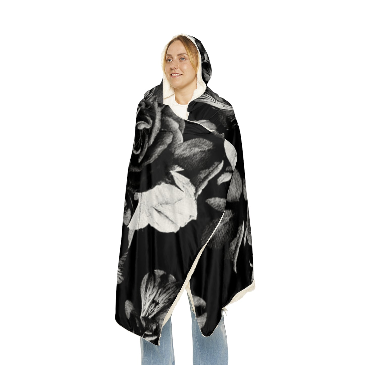 Black & White Floral Hooded Blanket – Cozy & Stylish Wrap