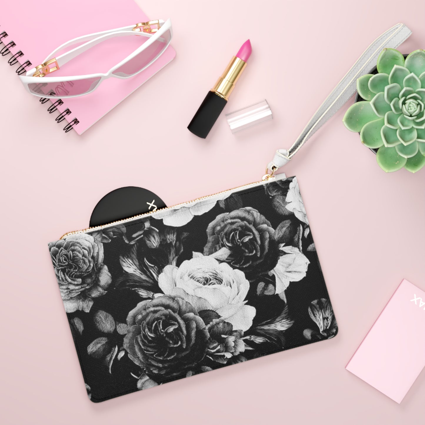 Black & White Floral Leather Clutch Bag for Women