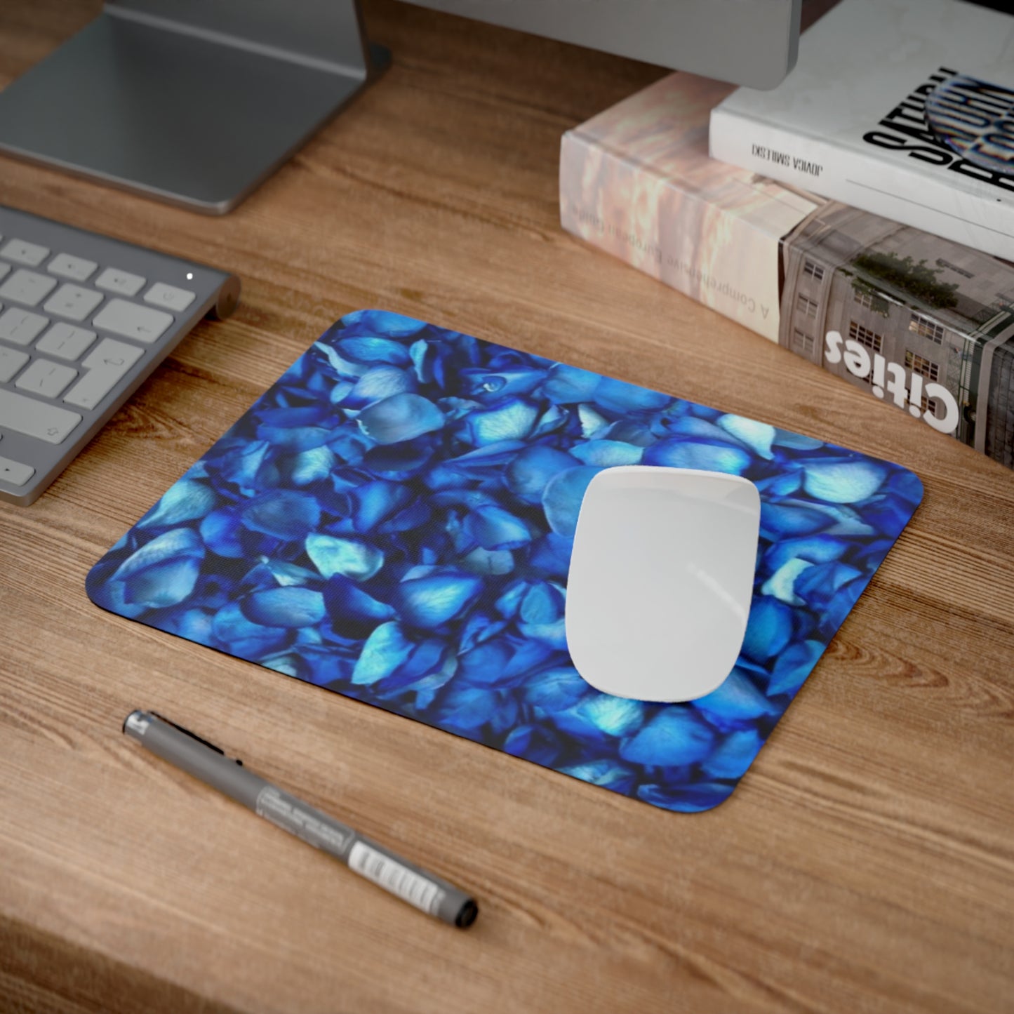 Blue Petals Floral Desk Mouse Pad – Minimal Floral Desk Accessory