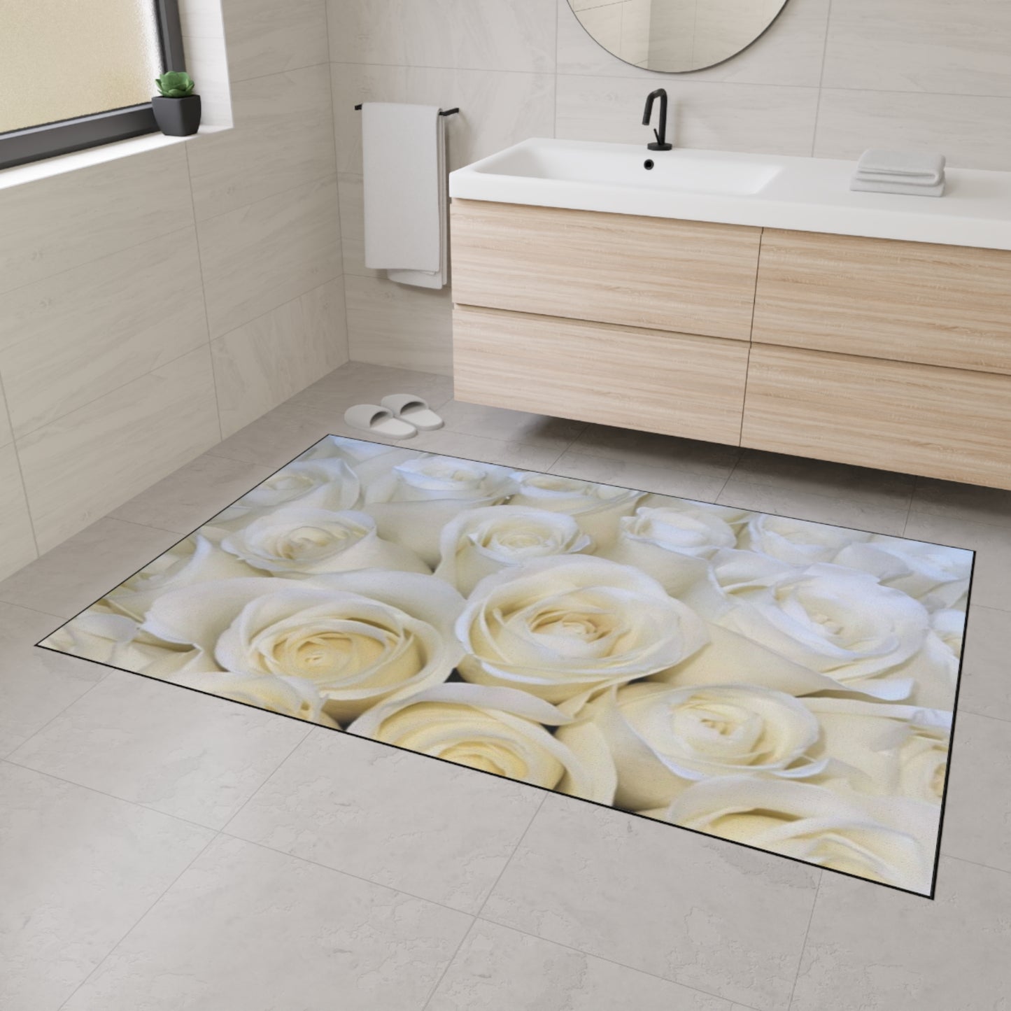 Heavy Duty Floral Floor Mat White Roses | Elegant Durable Rug