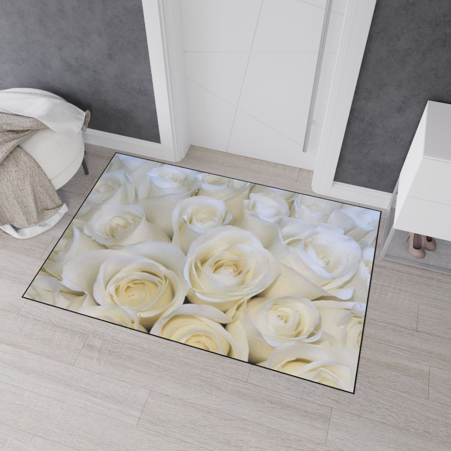 Heavy Duty Floral Floor Mat White Roses | Elegant Durable Rug