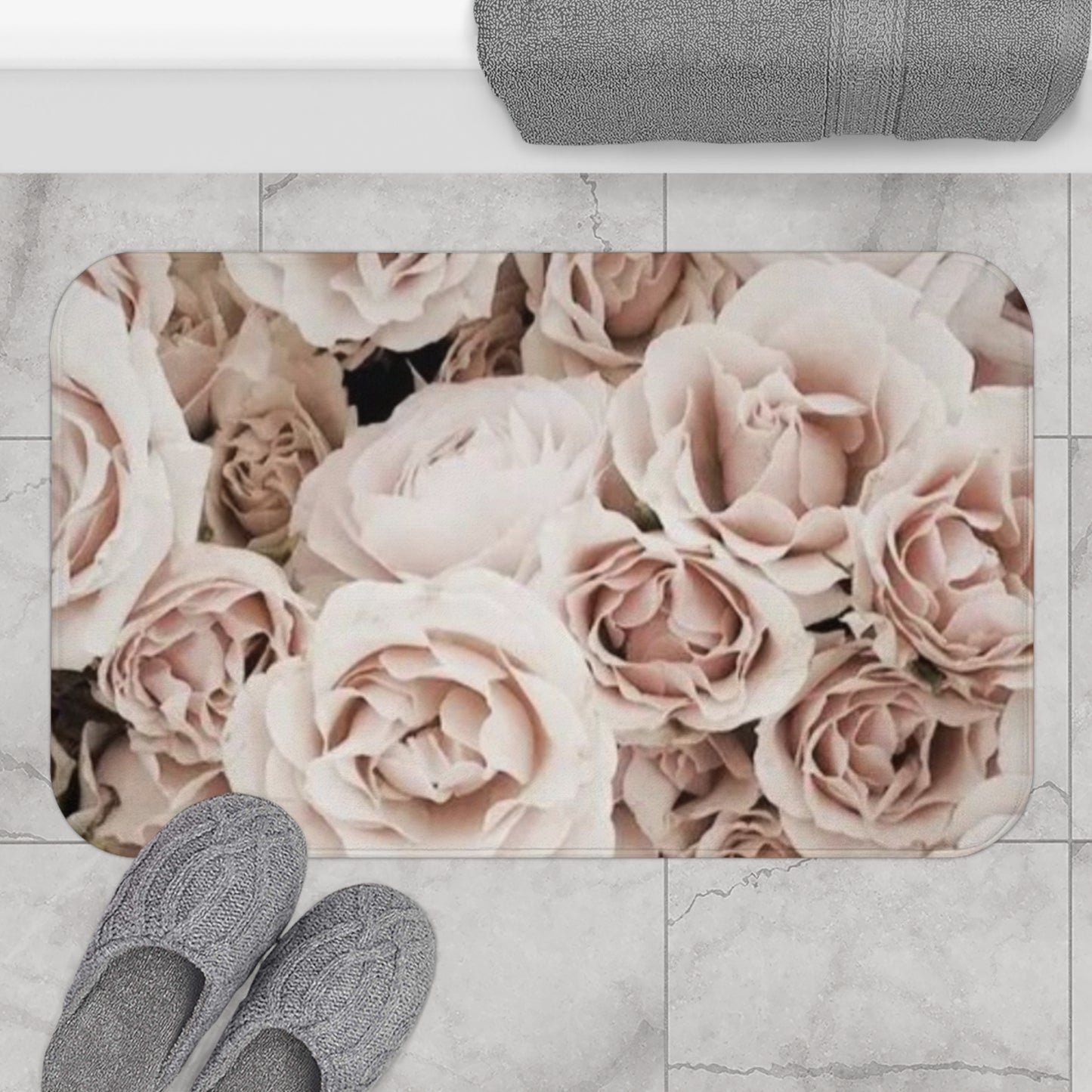Light Pink Roses Floral Bath Mat Anti Slipping