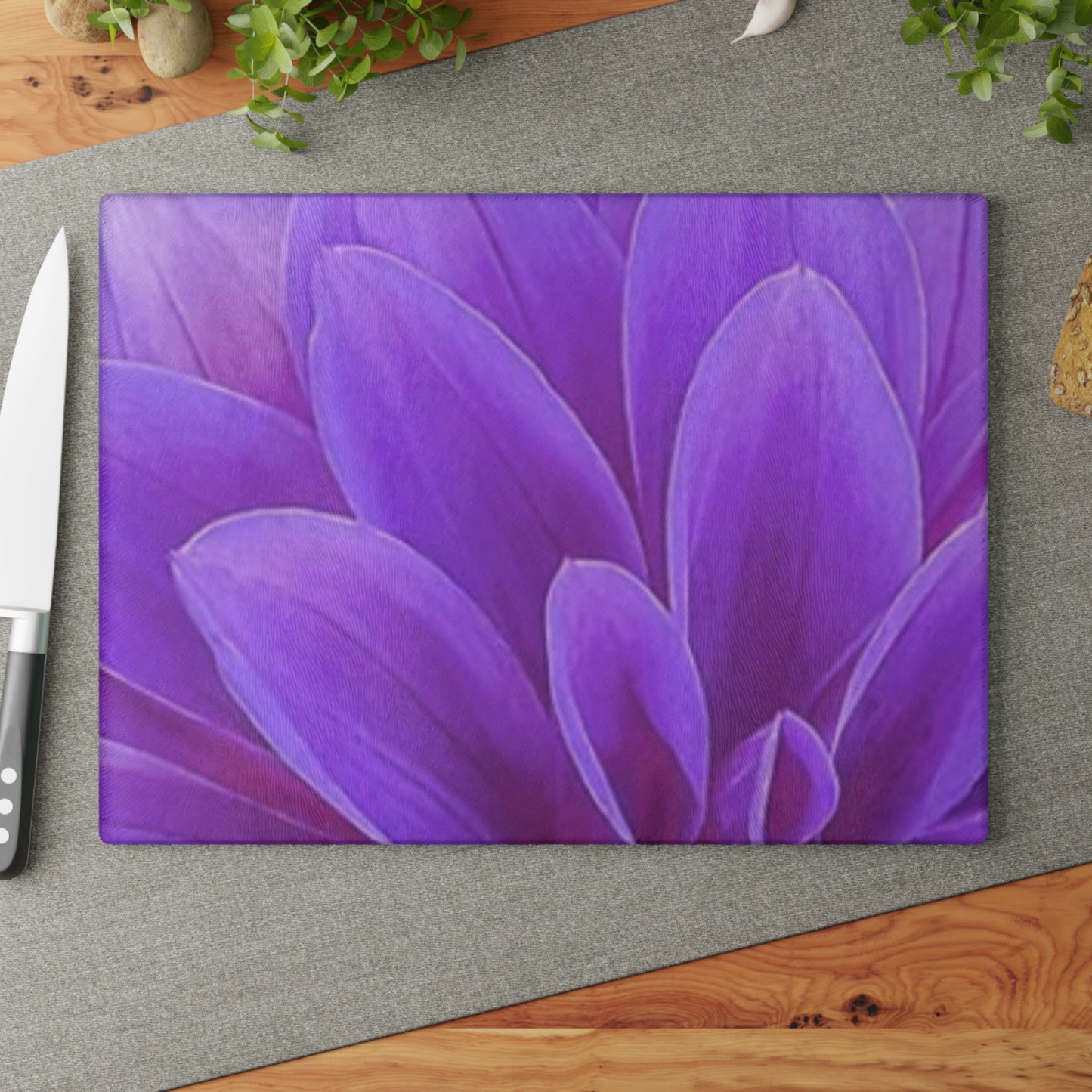 Purple Dahlia Floral Glass Cutting Board – Vibrant & Durable