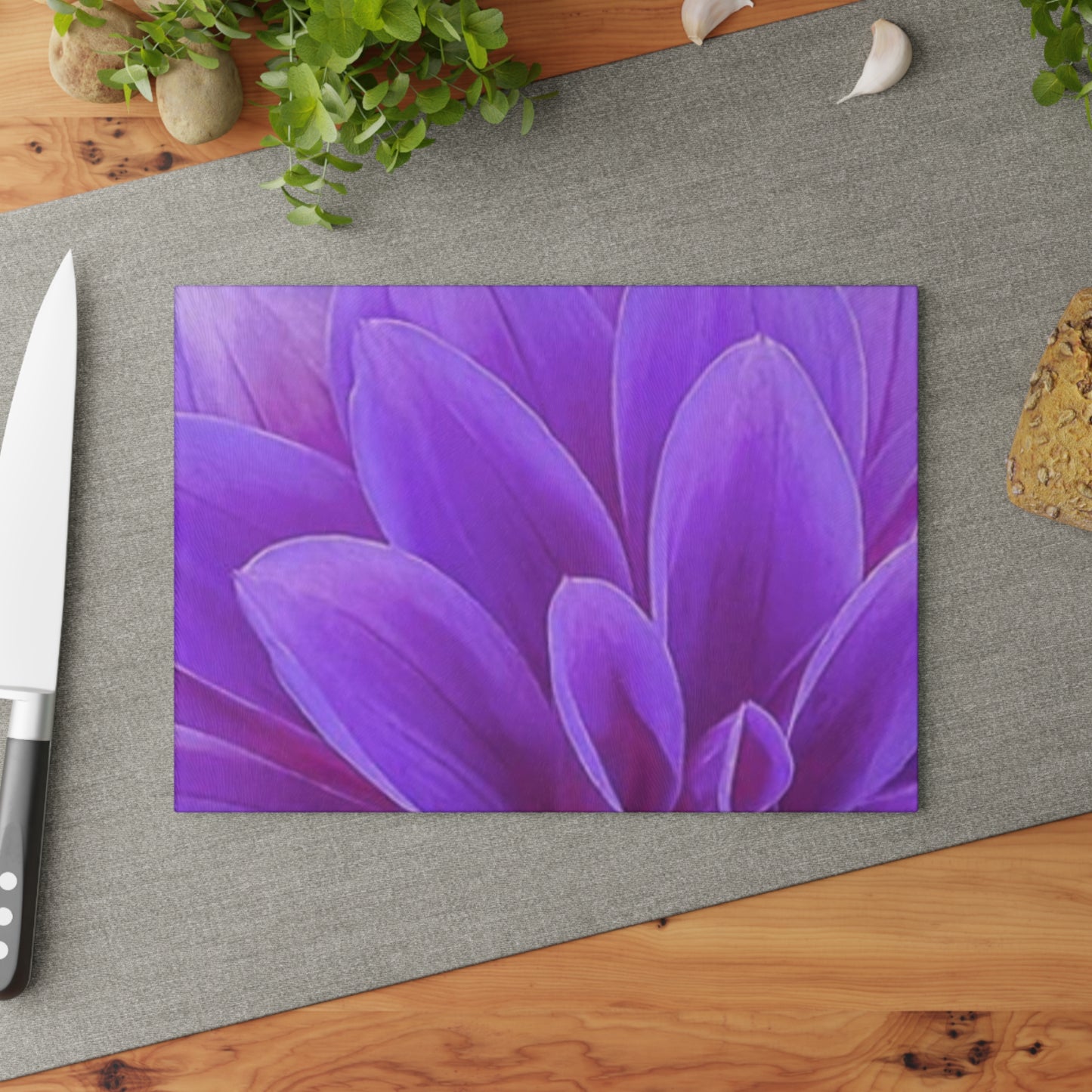 Purple Dahlia Floral Glass Cutting Board – Vibrant & Durable