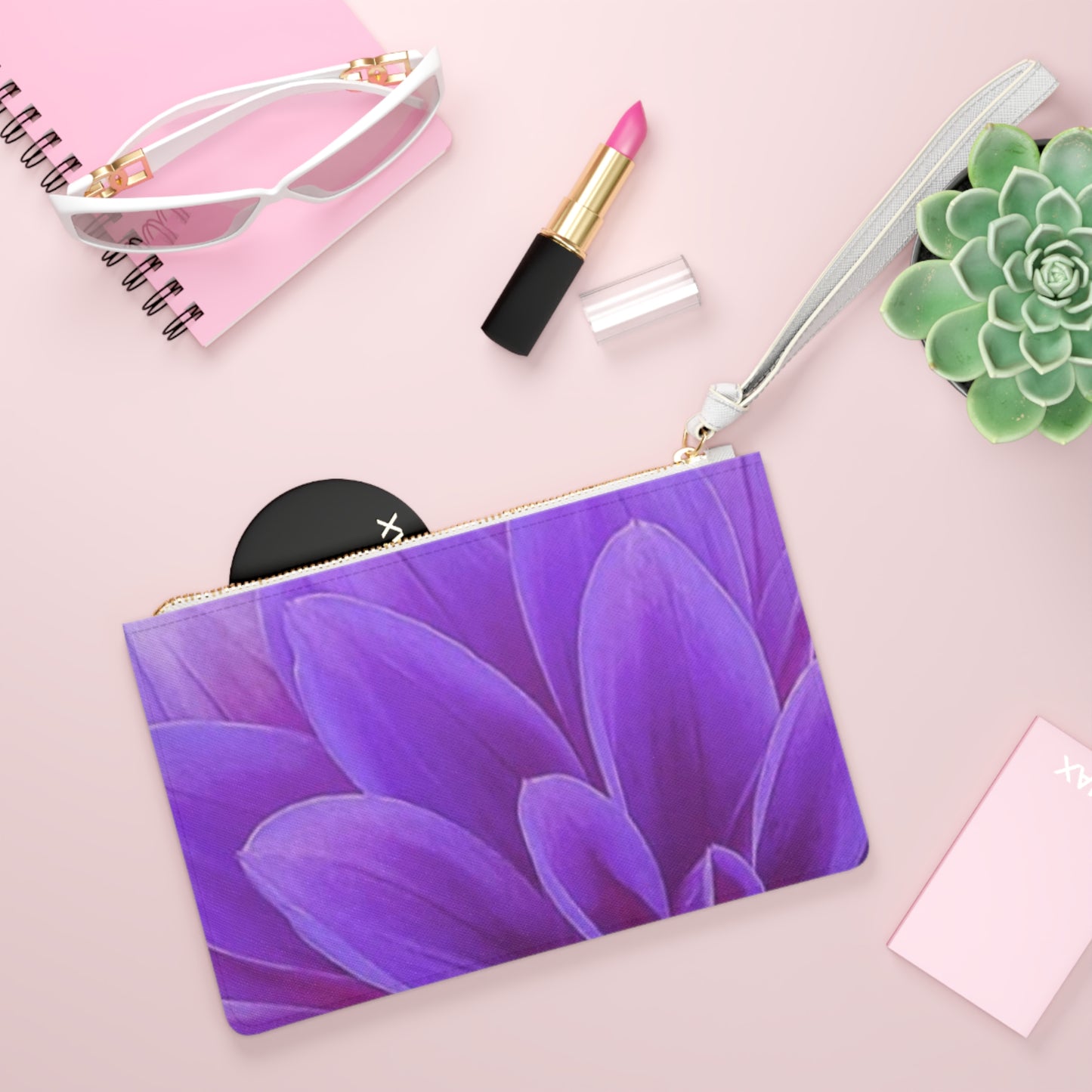 Purple Dahlia Floral Leather Clutch Bag for Women