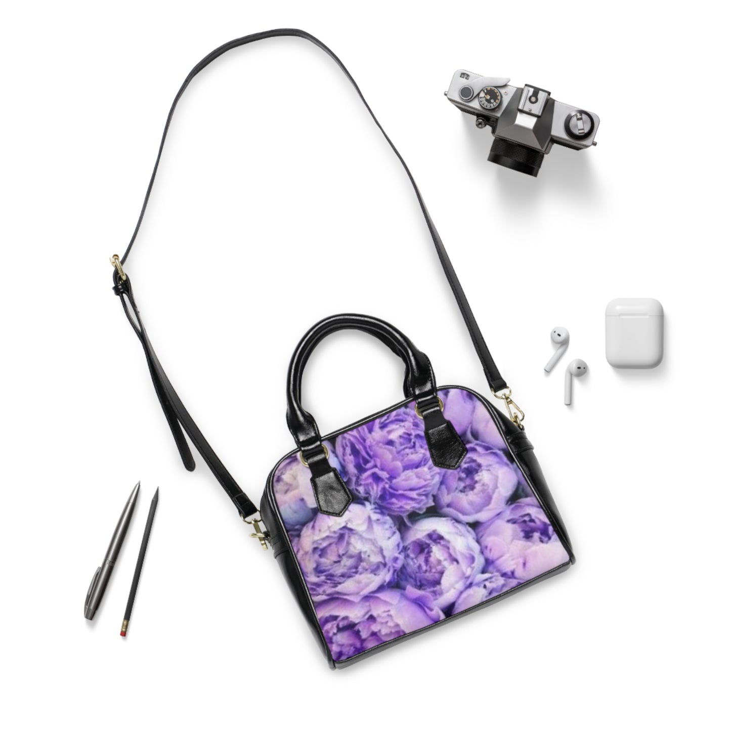 Purple Peony Floral Shoulder Handbag – Elegant & Roomy