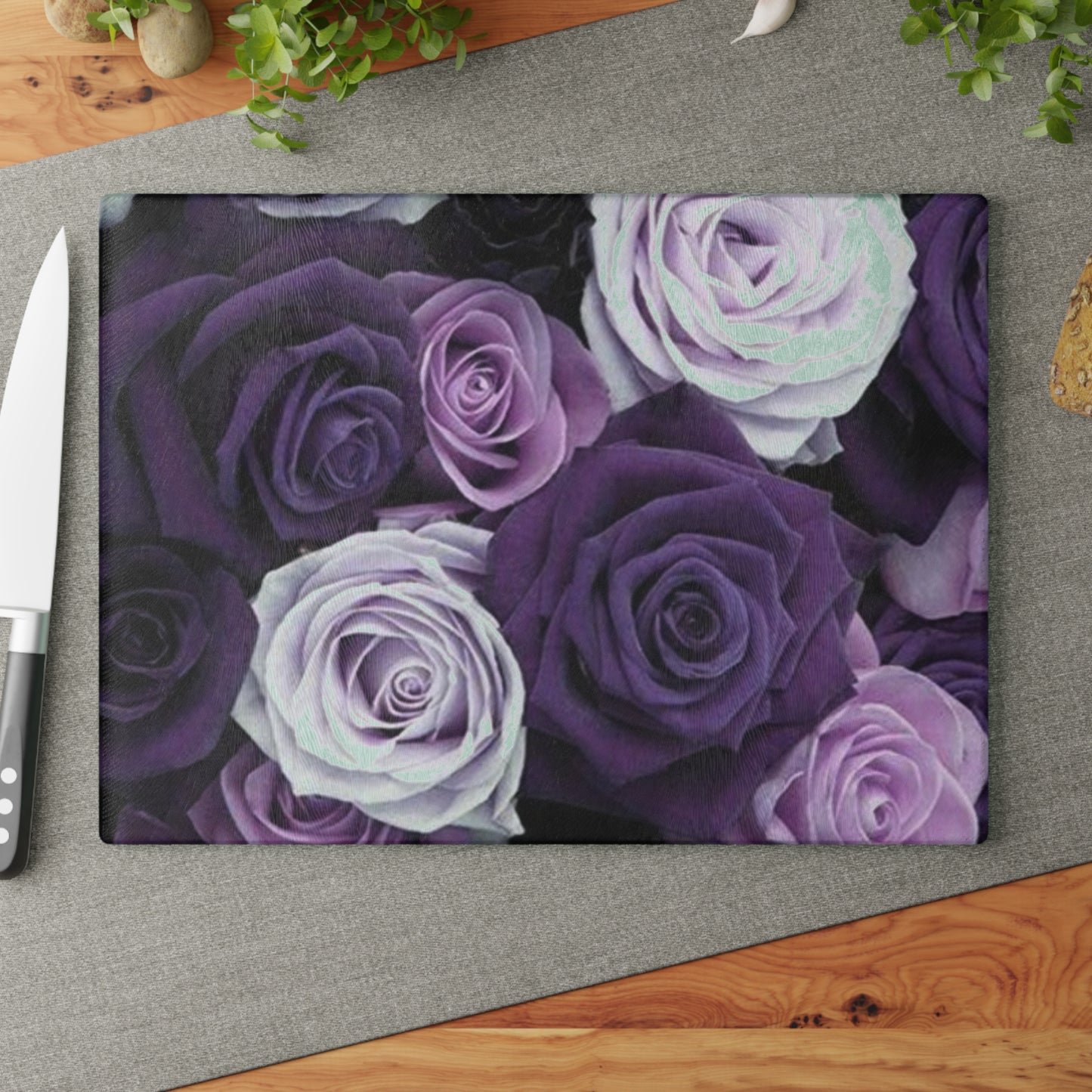 Purple Roses Floral Glass Cutting Board – Decorative Kitchen Must-Have