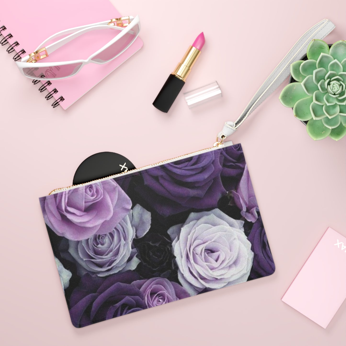 Purple Roses Floral Leather Clutch Bag for Women