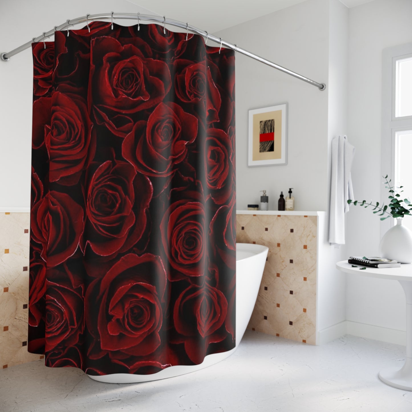 Red Roses Floral Shower Curtain for Romantic Bathroom