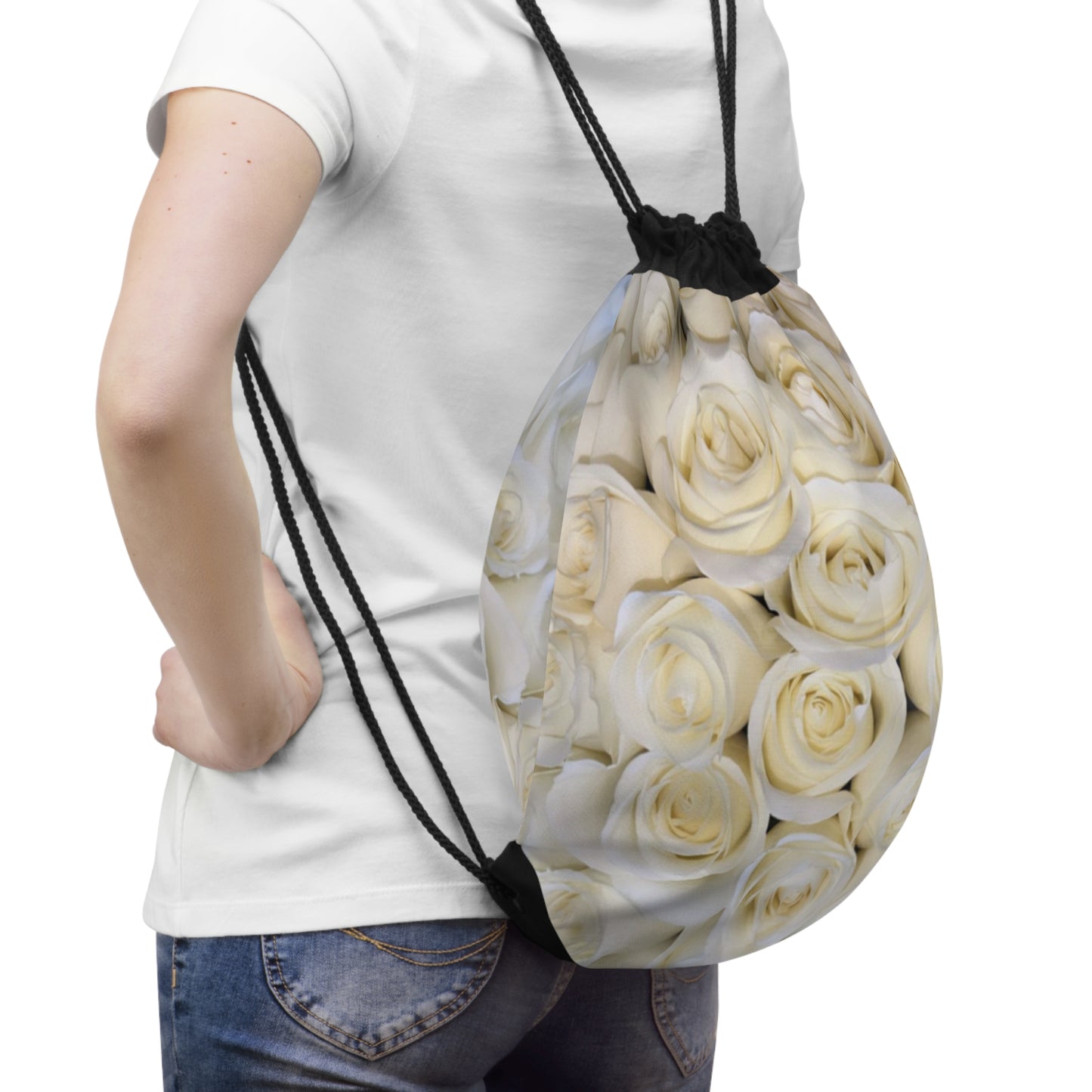 White Roses Floral Drawstring Bag