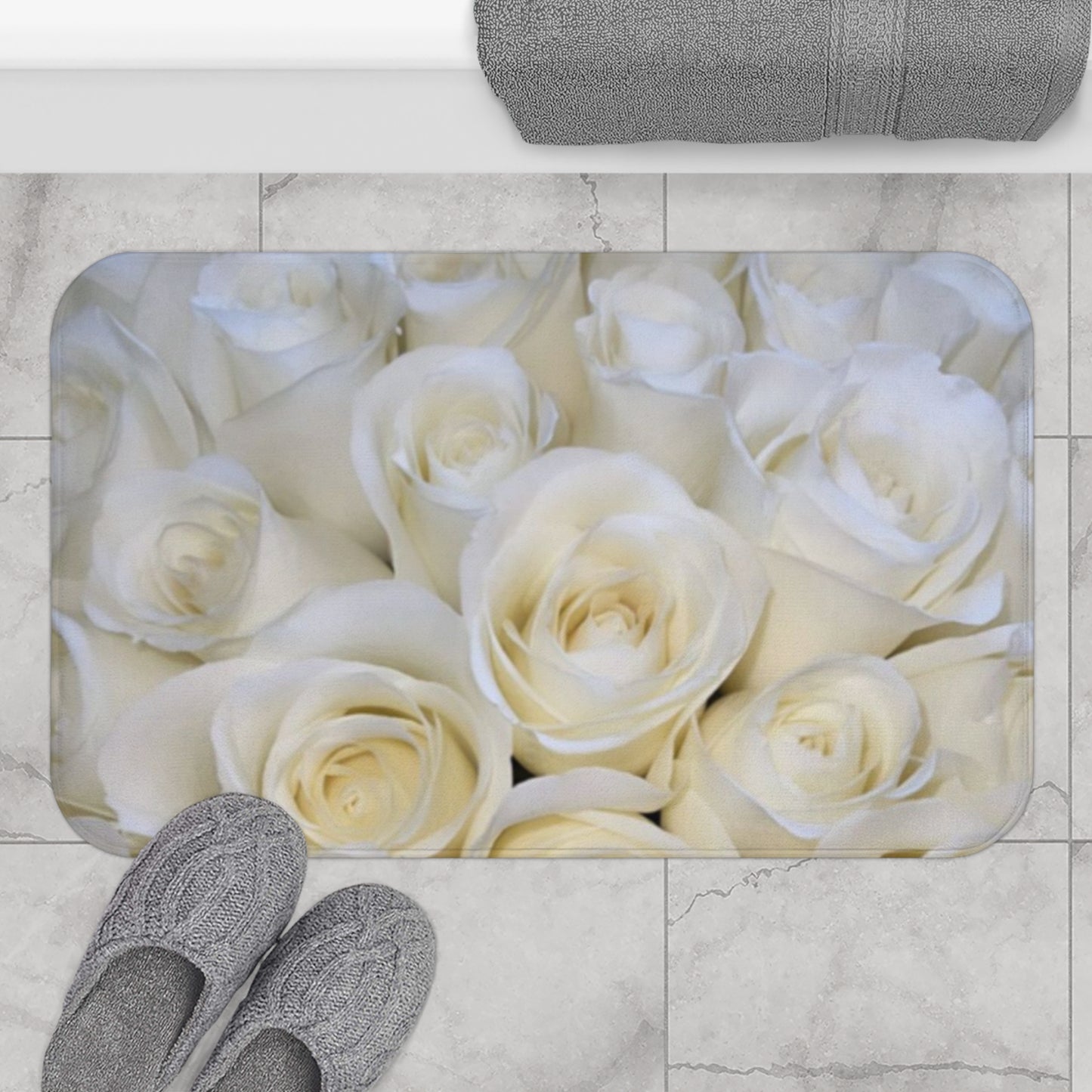 White Roses Floral Bath Mat Anti Slipping
