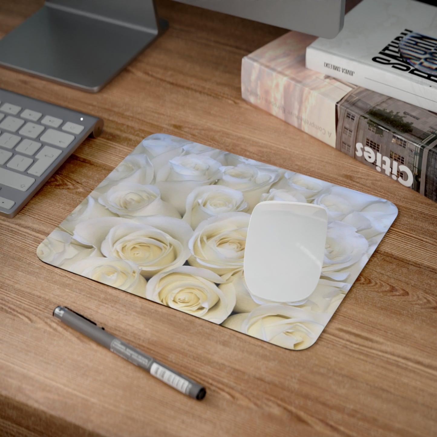 White Roses Floral Desk Mouse Pad – Minimalist Floral Pad for Office or Study