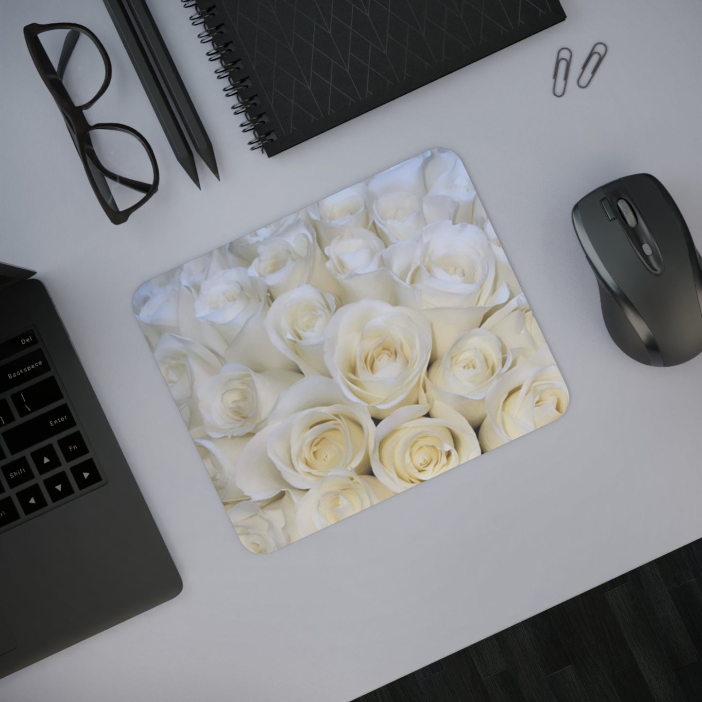 White Roses Floral Desk Mouse Pad – Minimalist Floral Pad for Office or Study