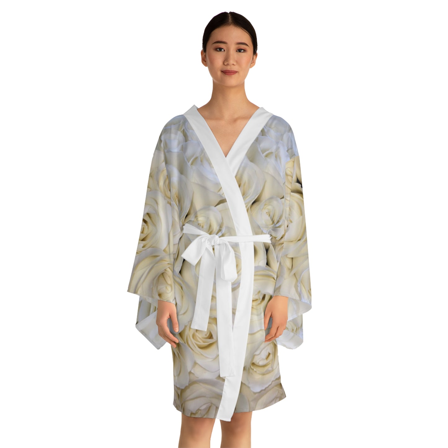 White Roses Floral Japanese Style Kimono Robe