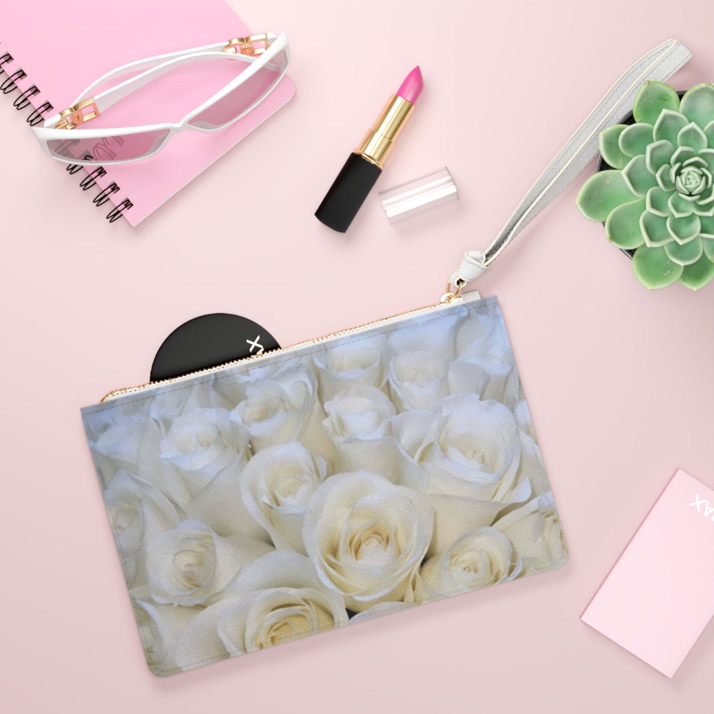 White Roses Floral Leather Clutch Bag for Women