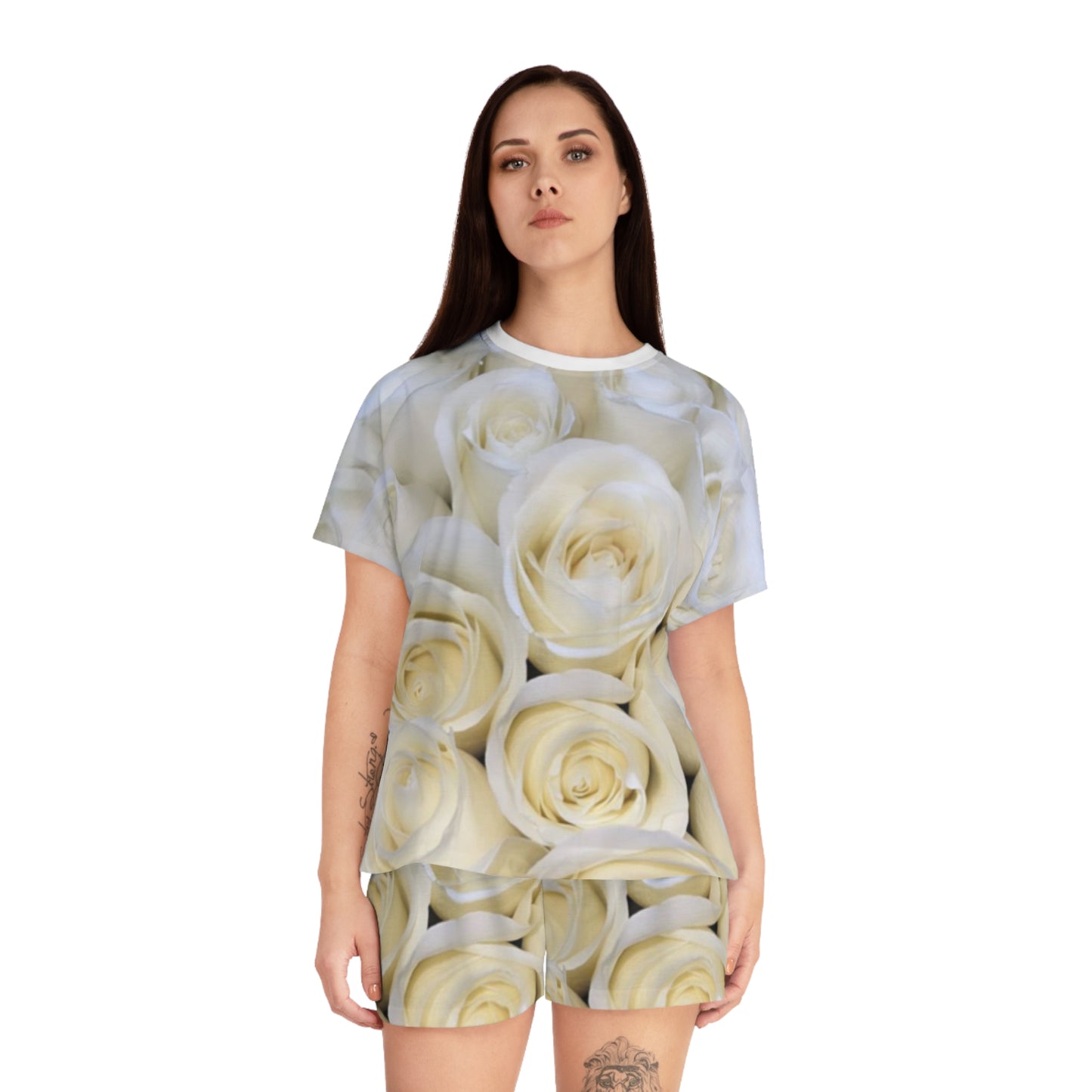 White Roses Floral Pajama Set for Women