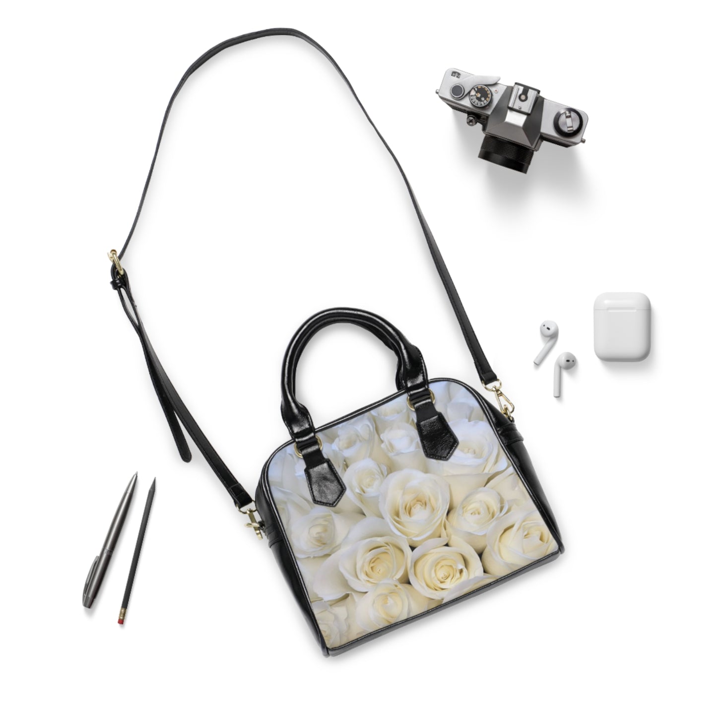 White Roses Floral Shoulder Handbag – Timeless & Subtle