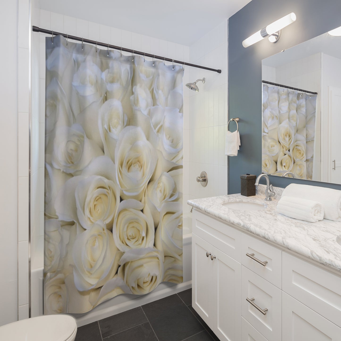 White Roses Floral Shower Curtain for Fresh Clean Aesthetic