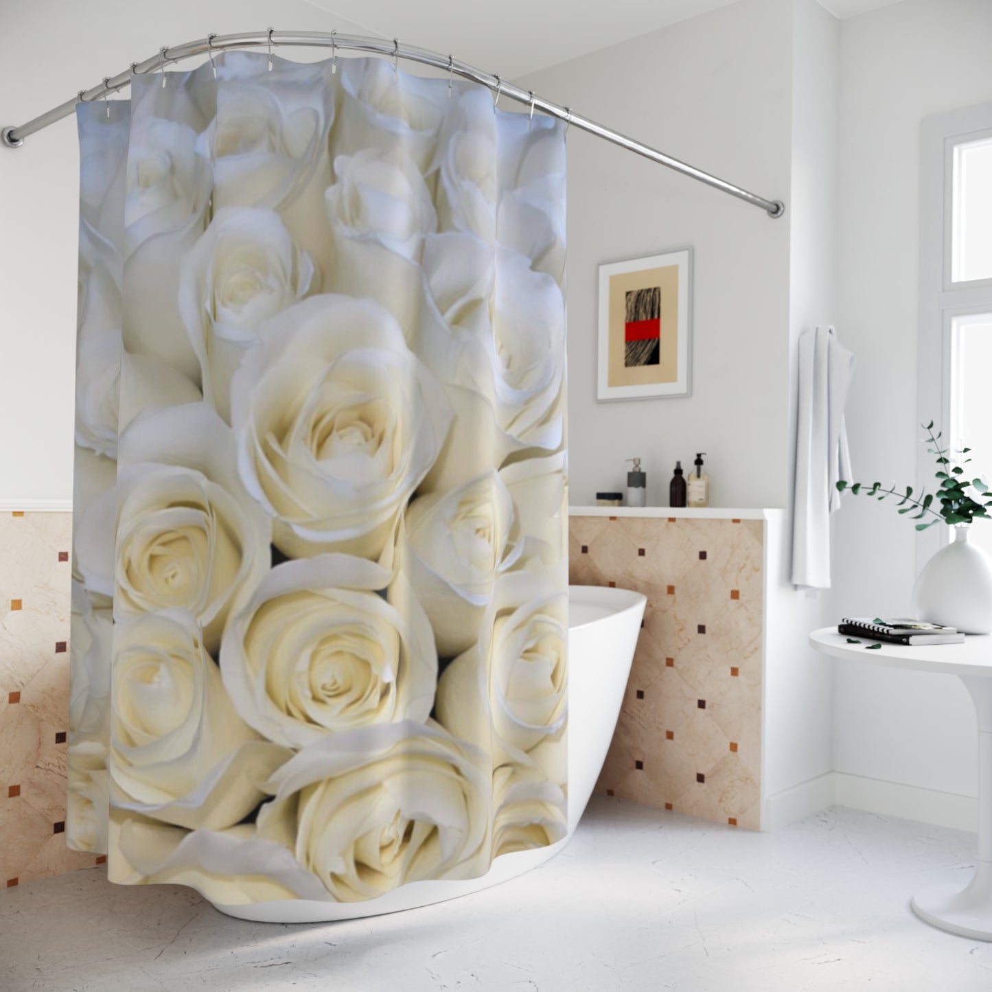 White Roses Floral Shower Curtain for Fresh Clean Aesthetic