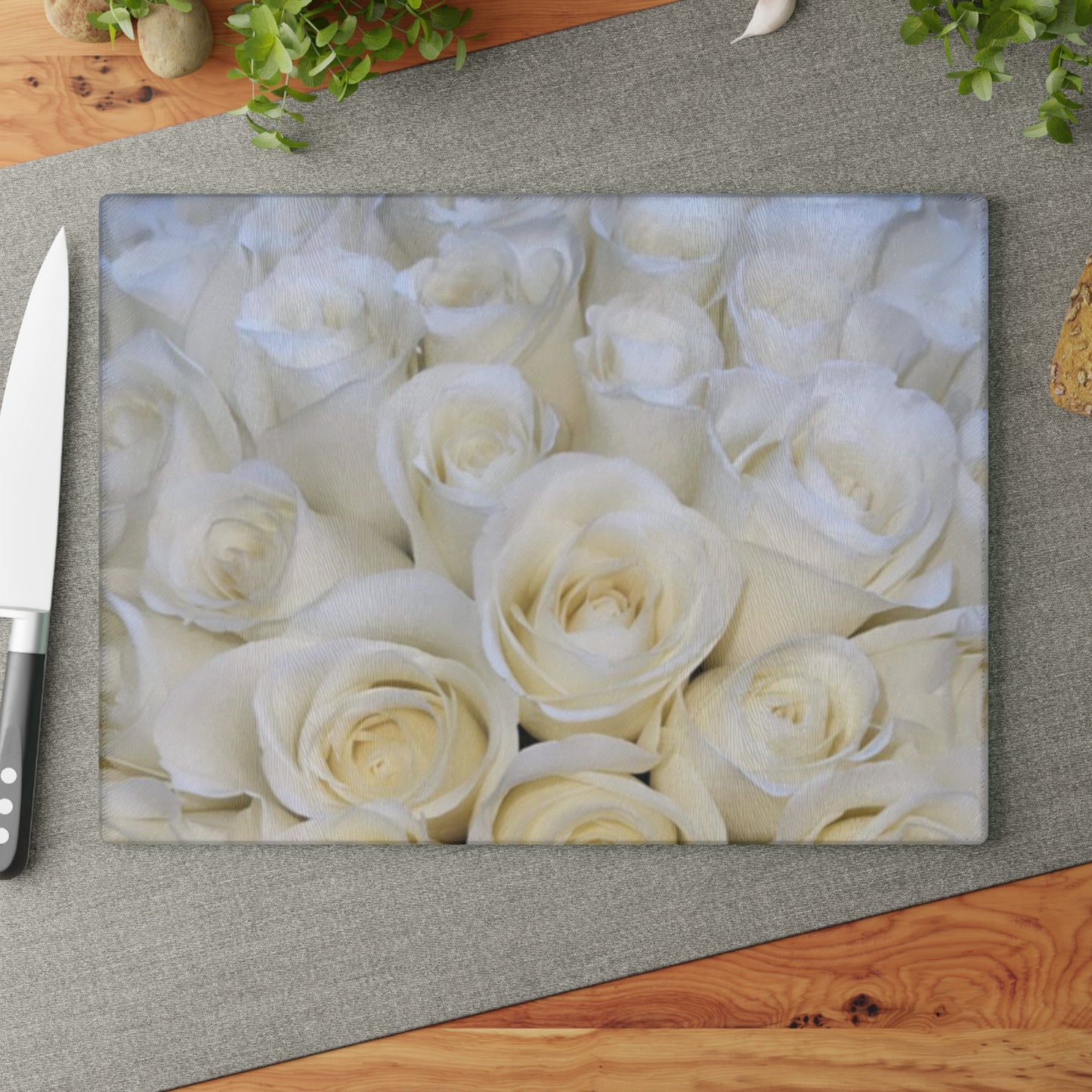 White Roses Glass Cutting Board – Classy Floral Kitchen Accent