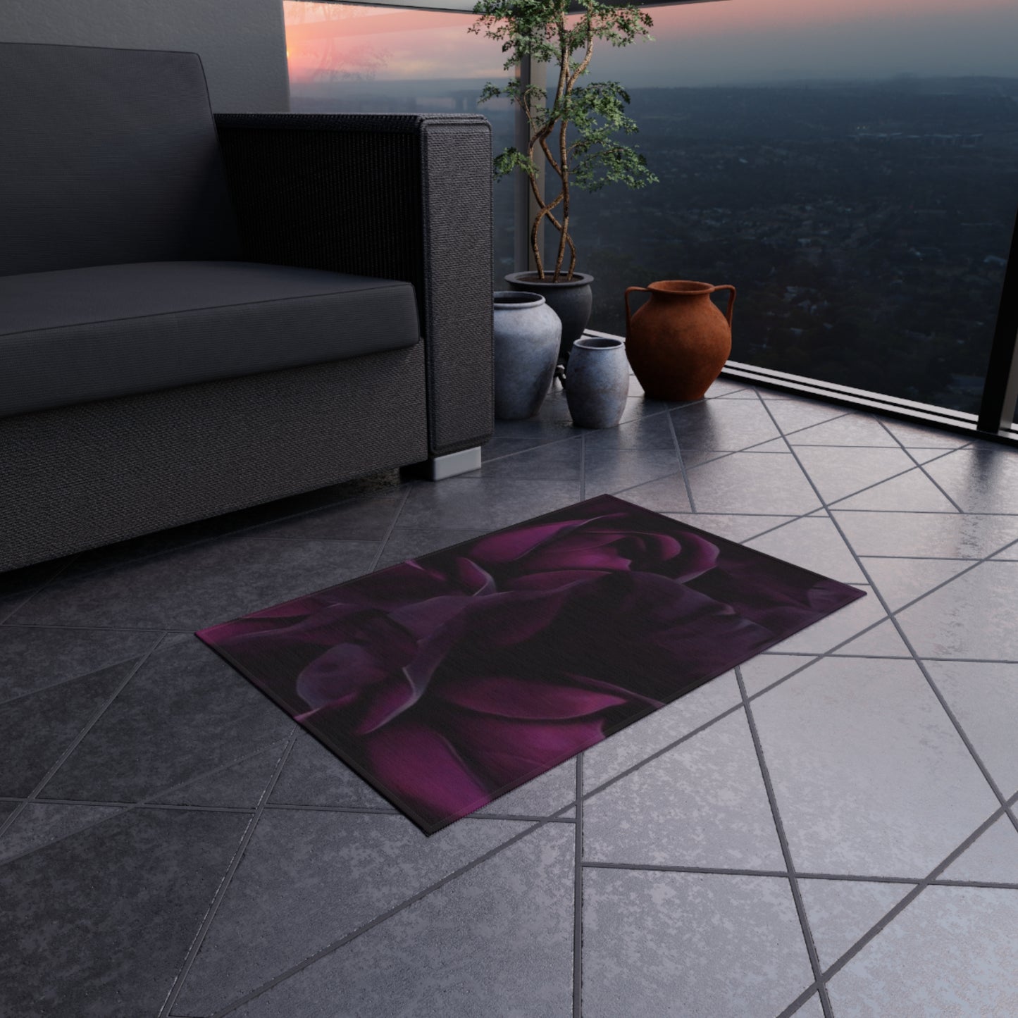 Dark Purple Floral Outdoor Rug