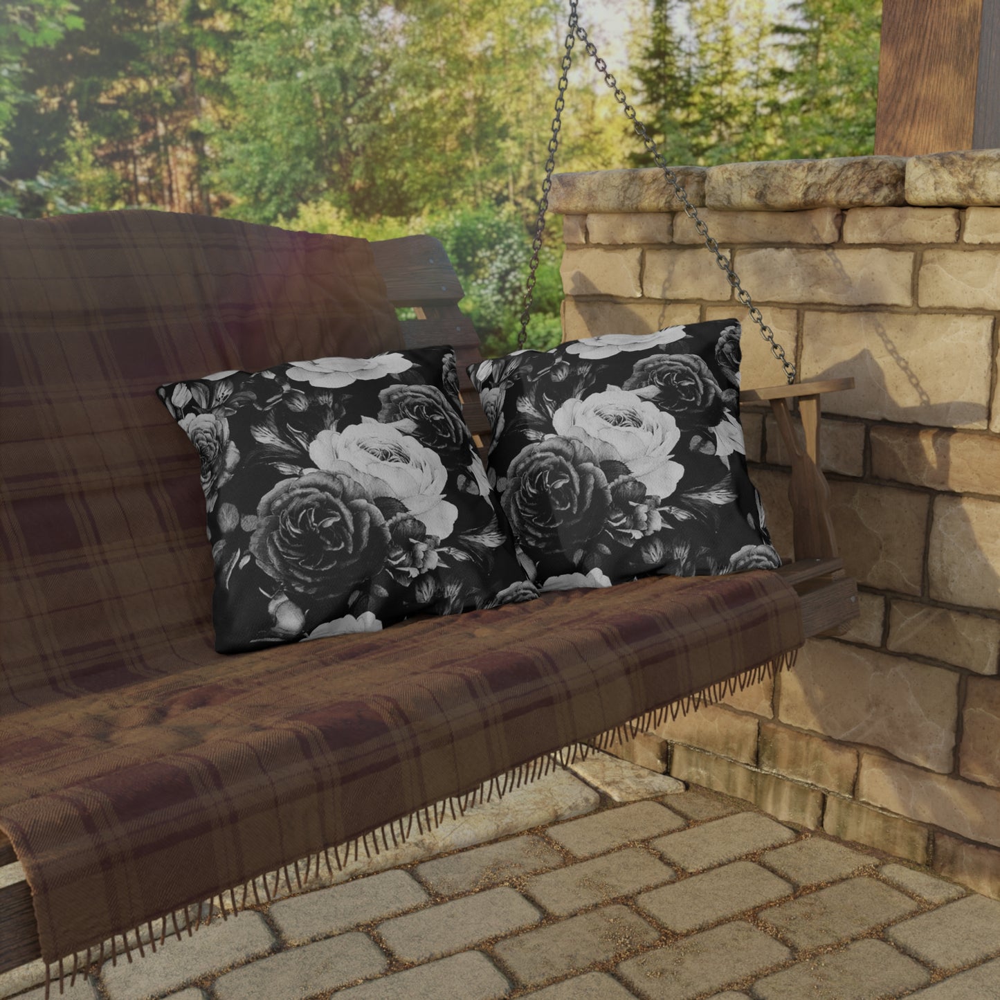 Black & White Floral Outdoor Pillow