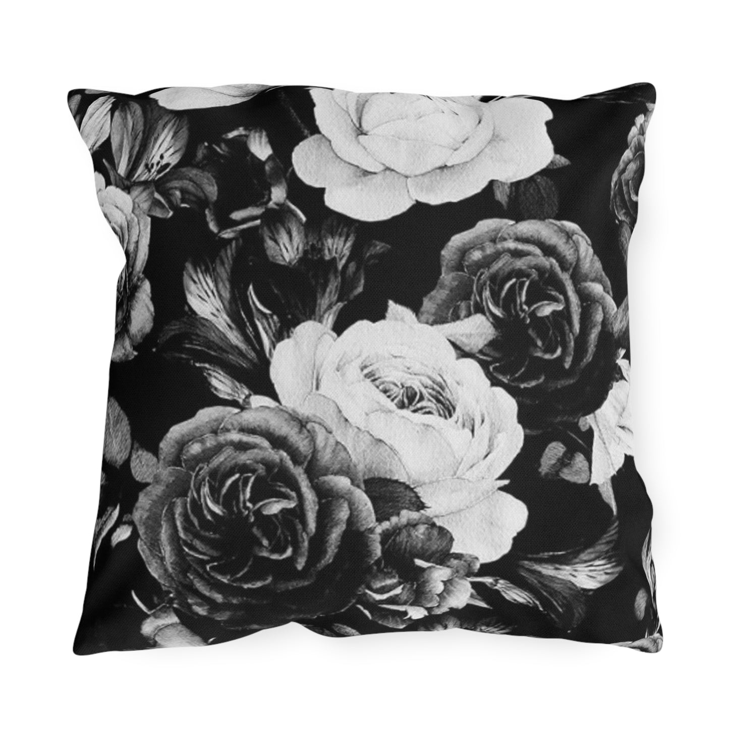 Black and white floral outdoor pillow with elegant pattern, perfect for patios and outdoor decor