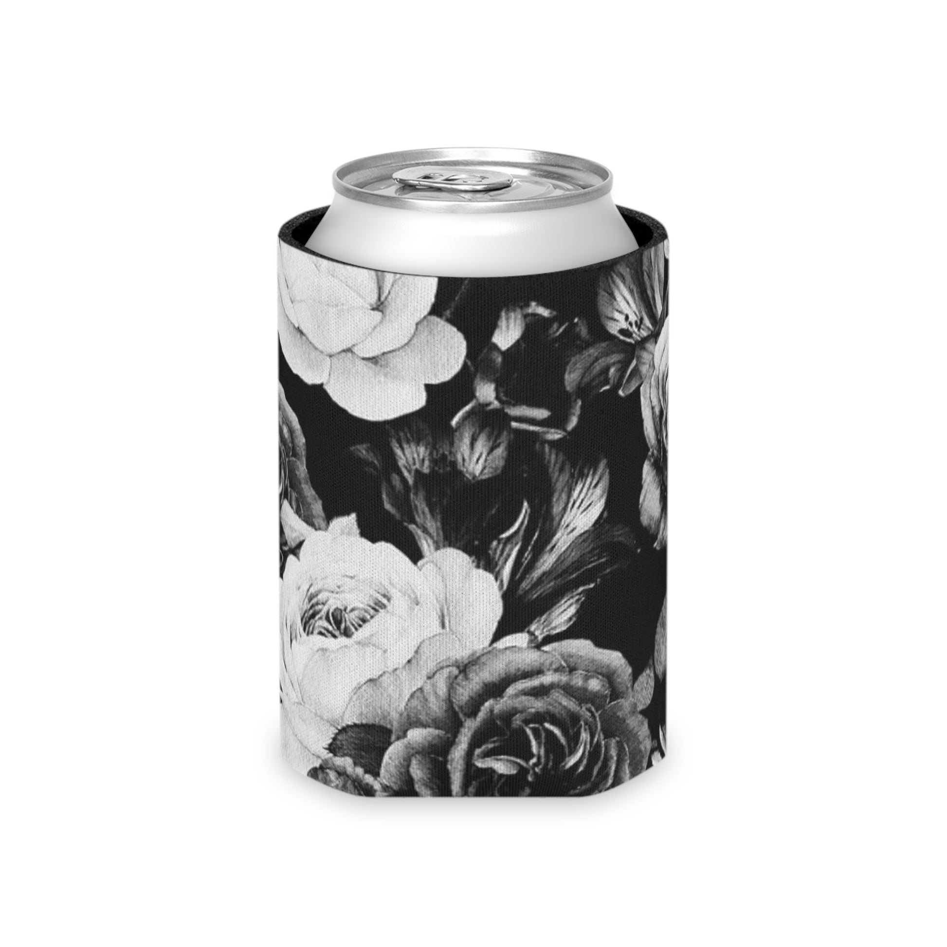 Floral Can Cooler - Black & White Floral Design