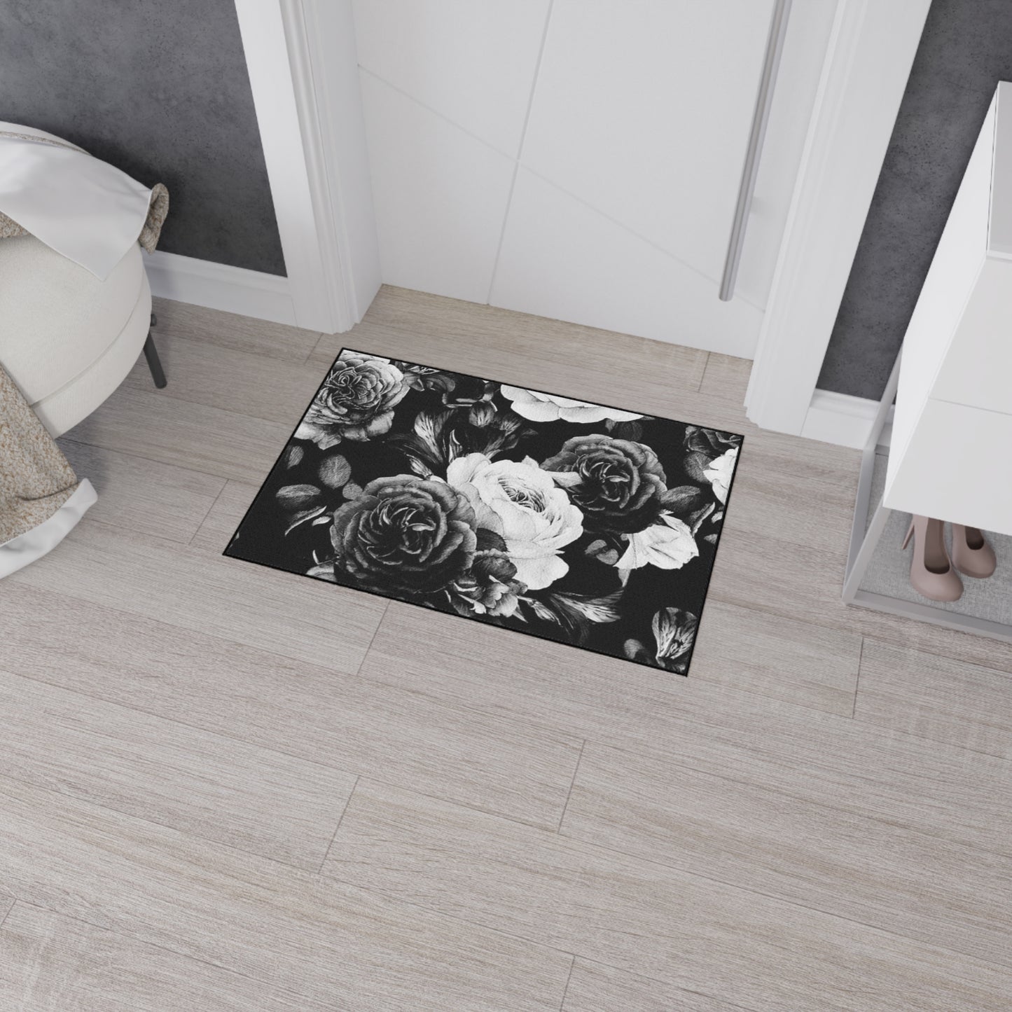Black and White Floral Floor Mat