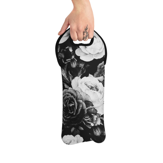 Black and White Floral Design Wine Tote Bag